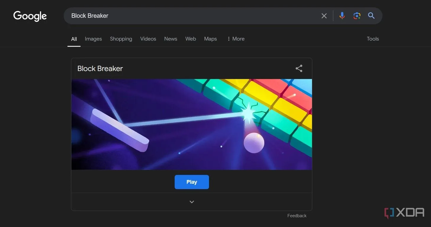 Kết quả tìm kiếm Google hiển thị trò chơi Block Breaker ngay đầu tiên