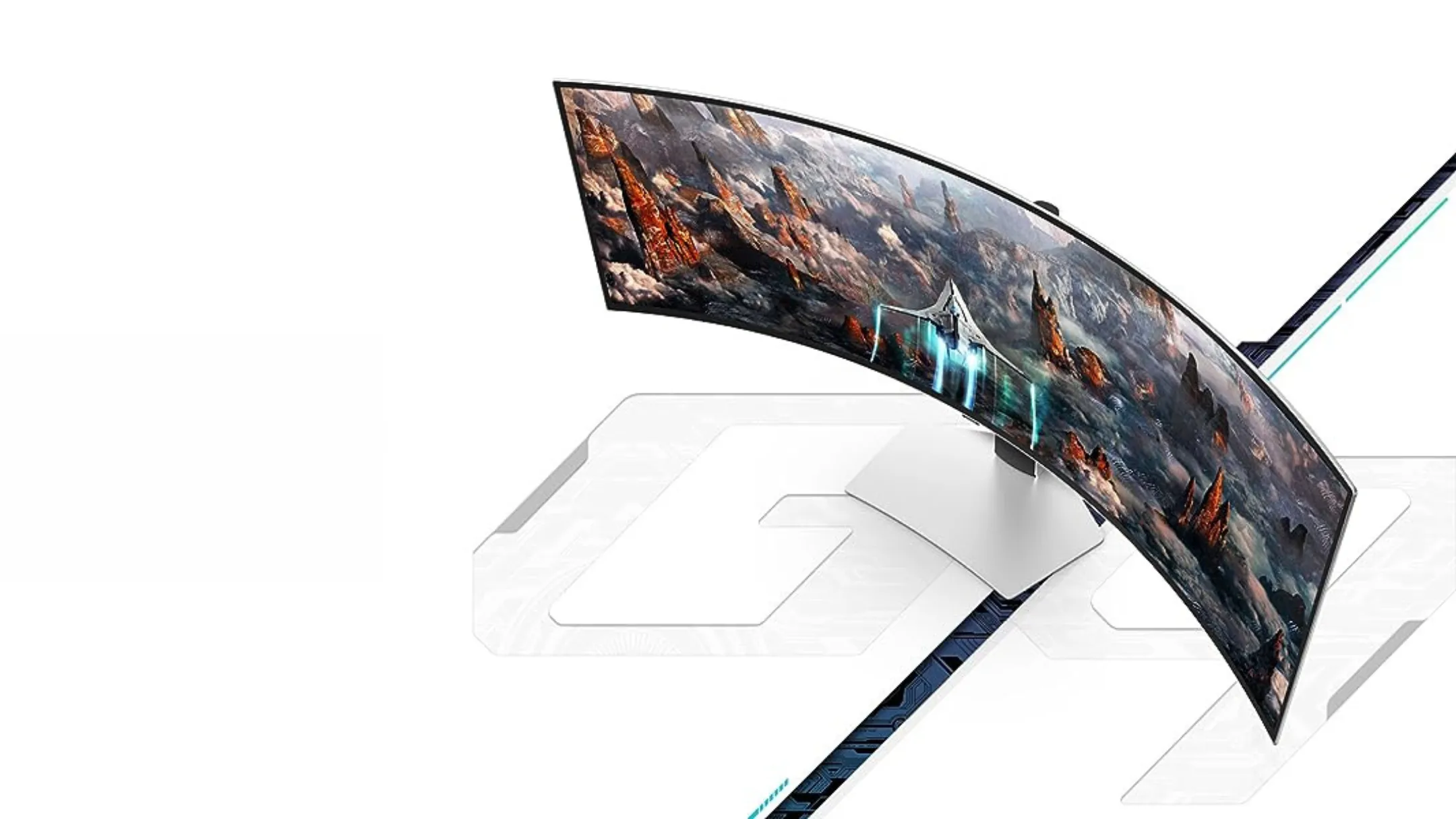 Không gian hiển thị rộng lớn của màn hình gaming Samsung Odyssey OLED G93SC trên bàn làm việc
