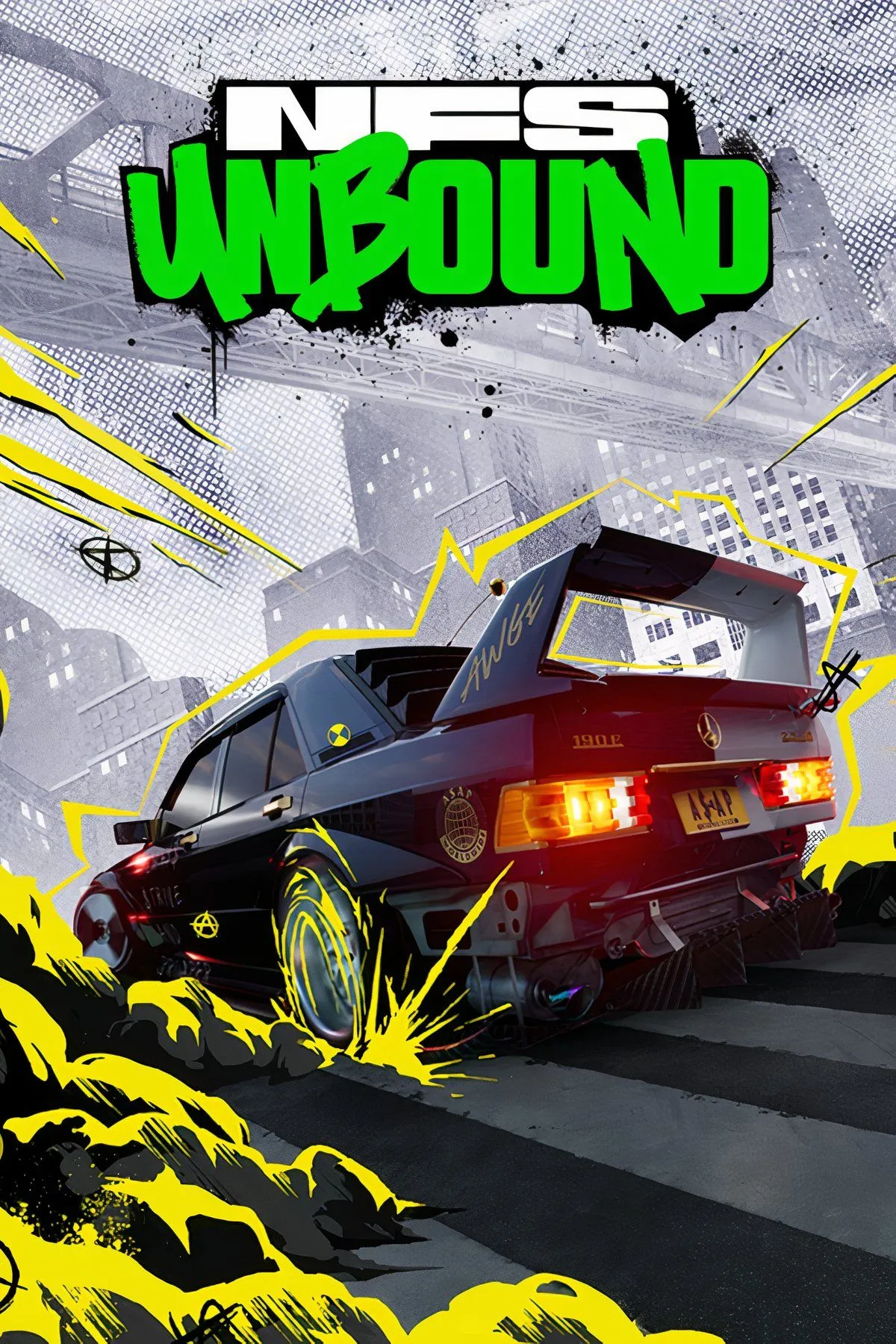 Khung cảnh đua xe đêm đầy màu sắc và thông tin chi tiết về game Need for Speed Unbound, thể hiện phong cách nghệ thuật độc đáo và thế giới mở