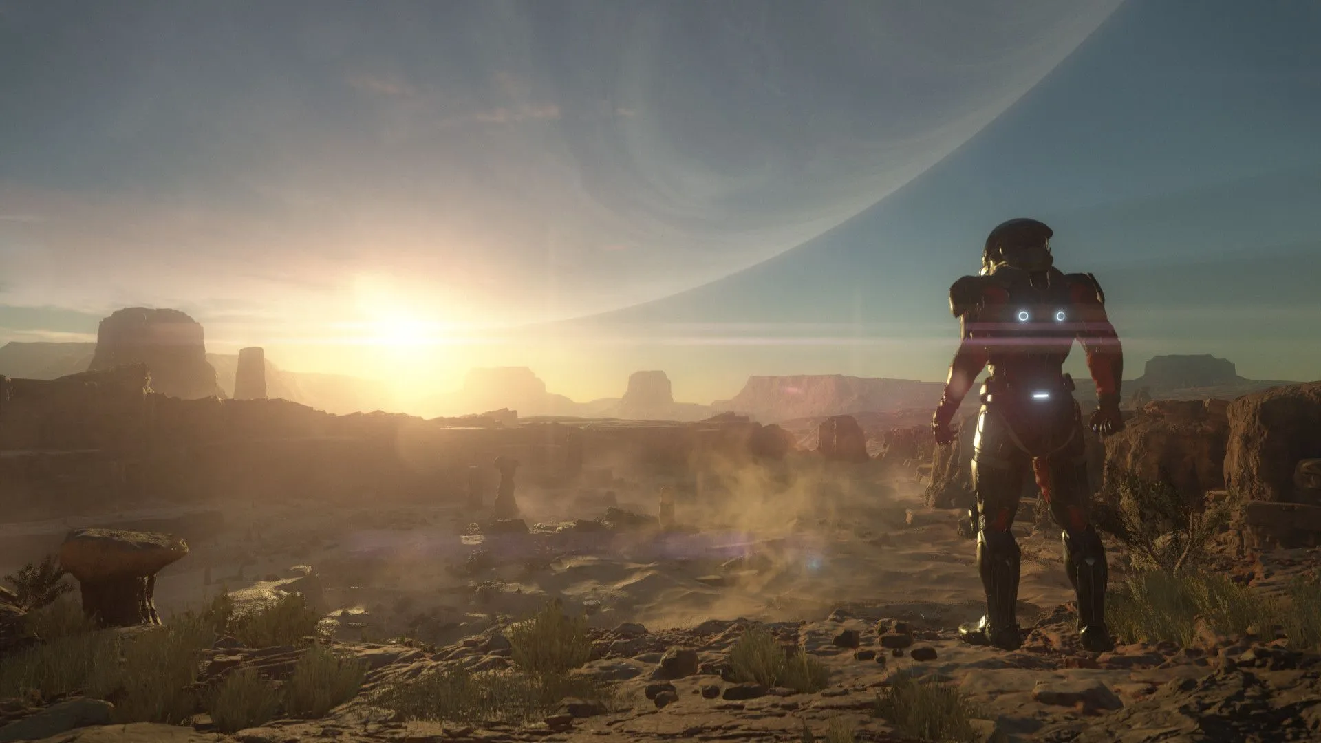 Khung cảnh một nhân vật ngắm hoàng hôn trên hành tinh lạ trong Mass Effect Andromeda, gợi mở về sự kết nối với Mass Effect 5