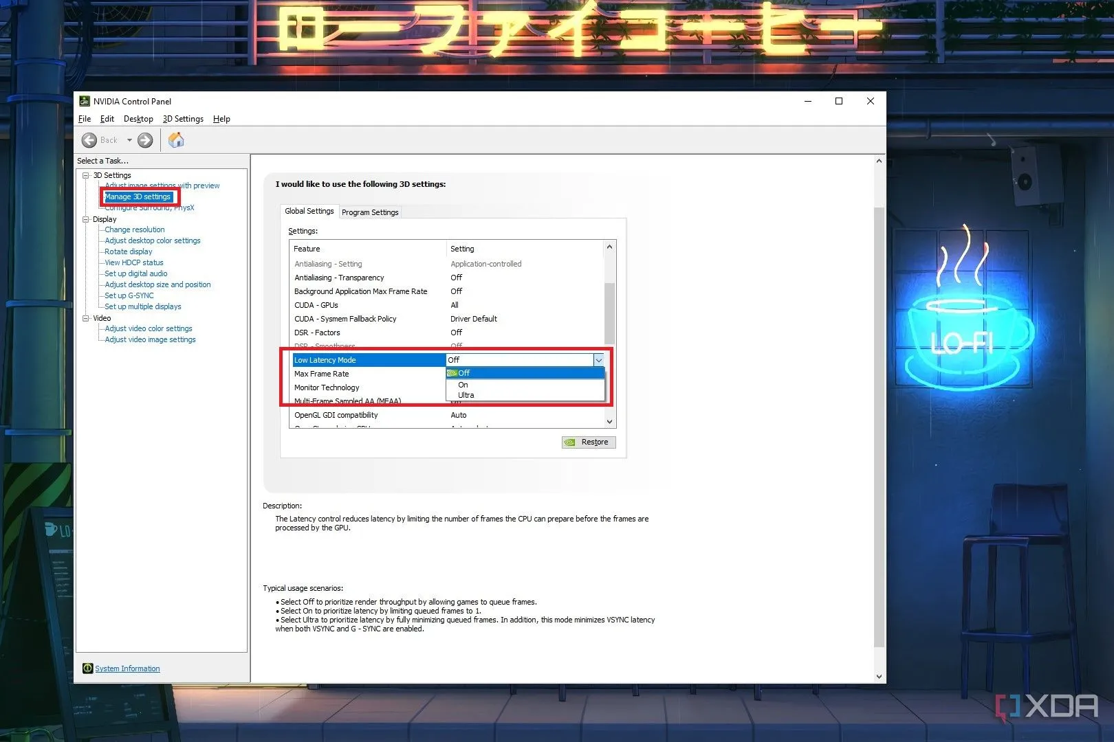 Kích hoạt chế độ độ trễ thấp (Low Latency Mode) trong Nvidia Control Panel