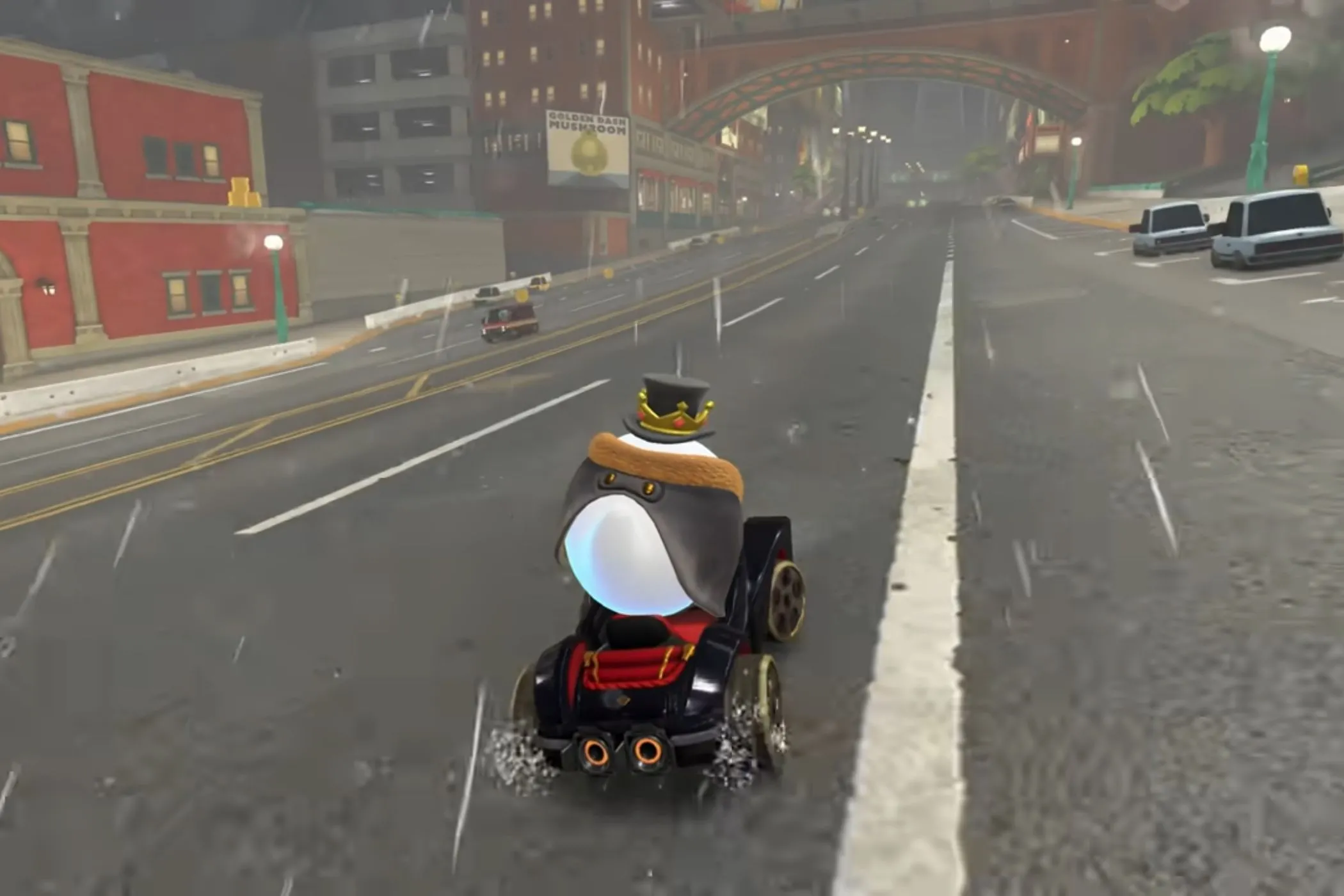 King Boo đua xe trong cơn mưa tầm tã trên đường đua Crown City của Mario Kart World