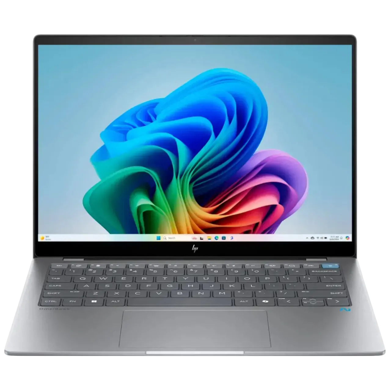 Laptop HP OmniBook X với màn hình hiển thị logo HP, nổi bật hiệu năng chip Snapdragon X Elite