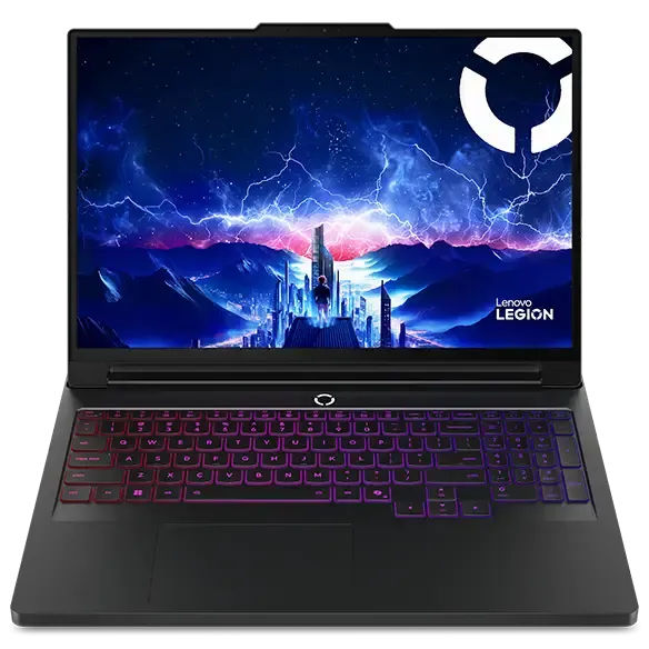 Laptop Lenovo Legion Pro 7i Gen 10 màu đen, hiển thị màn hình OLED sắc nét, thể hiện thiết kế mạnh mẽ đặc trưng của dòng laptop gaming cao cấp