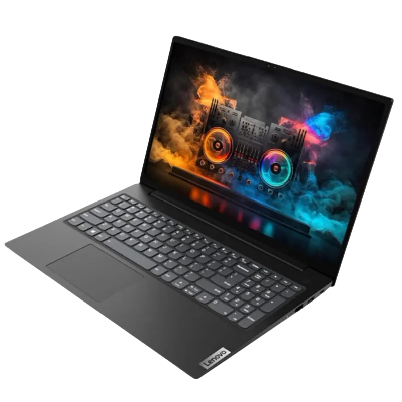 Laptop Lenovo V15 từ góc nhìn tổng quan, thể hiện thiết kế bền bỉ và hiện đại.