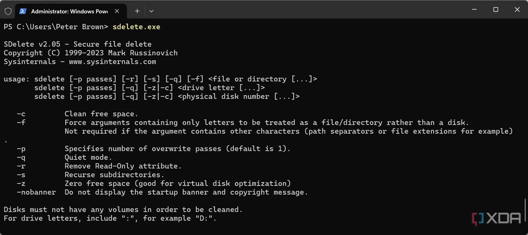 Lệnh SDelete trong cửa sổ Command Prompt để xóa file vĩnh viễn