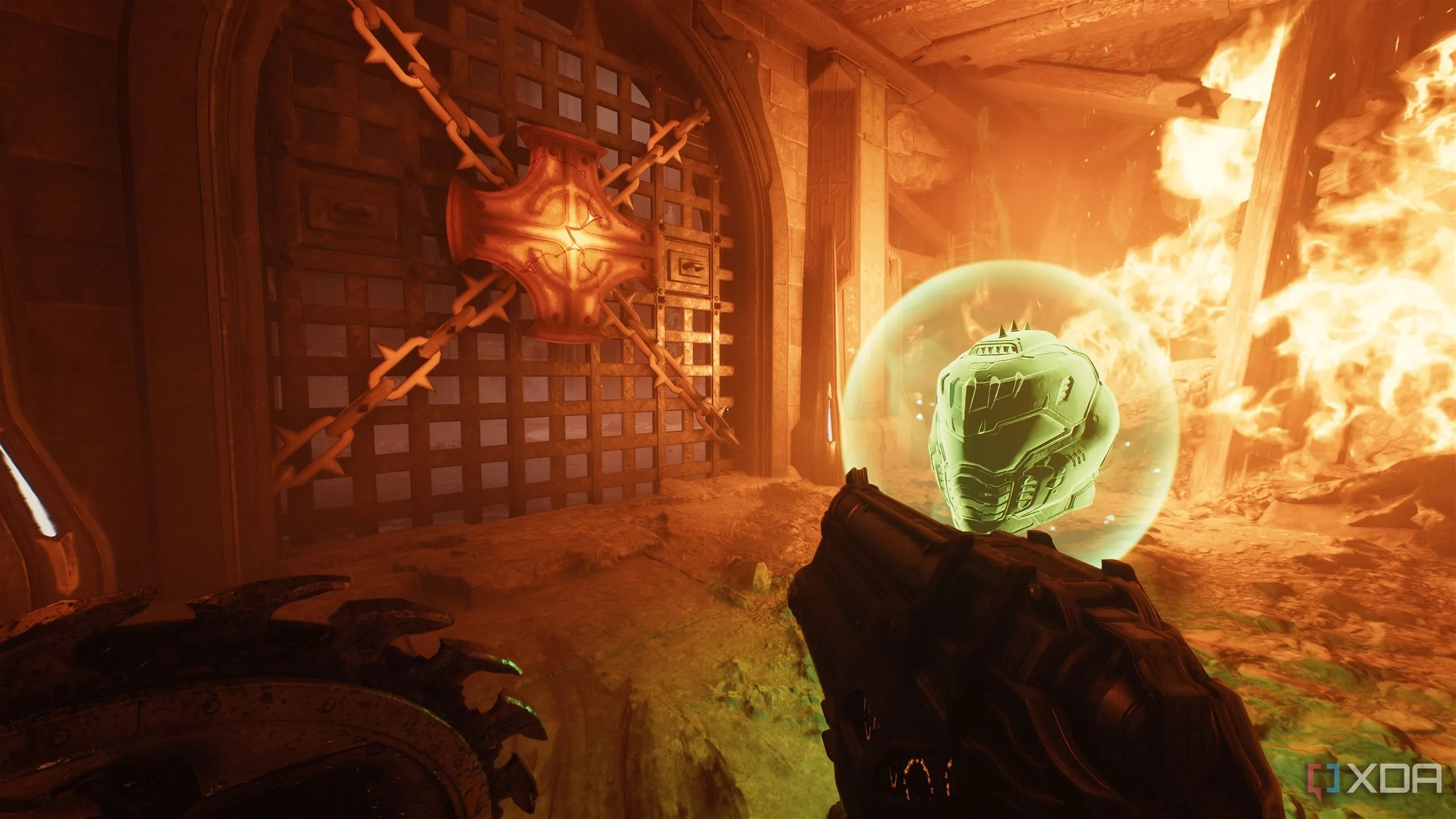 Life Sigil và biểu tượng kim loại nung đỏ trong khu vực bí mật đầu tiên của Doom The Dark Ages Chapter 7.