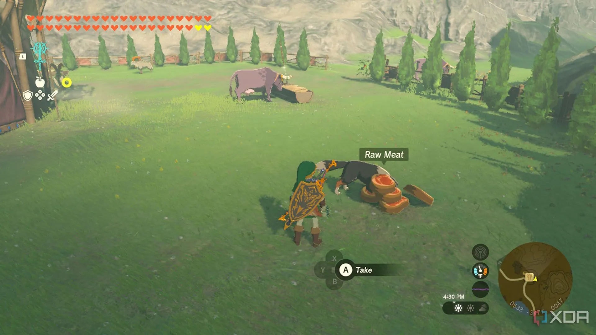 Link đang cho chó ăn tại một chuồng ngựa ở Hyrule, hành động này có thể dẫn đến việc khám phá rương báu bí mật trong Zelda TOTK.