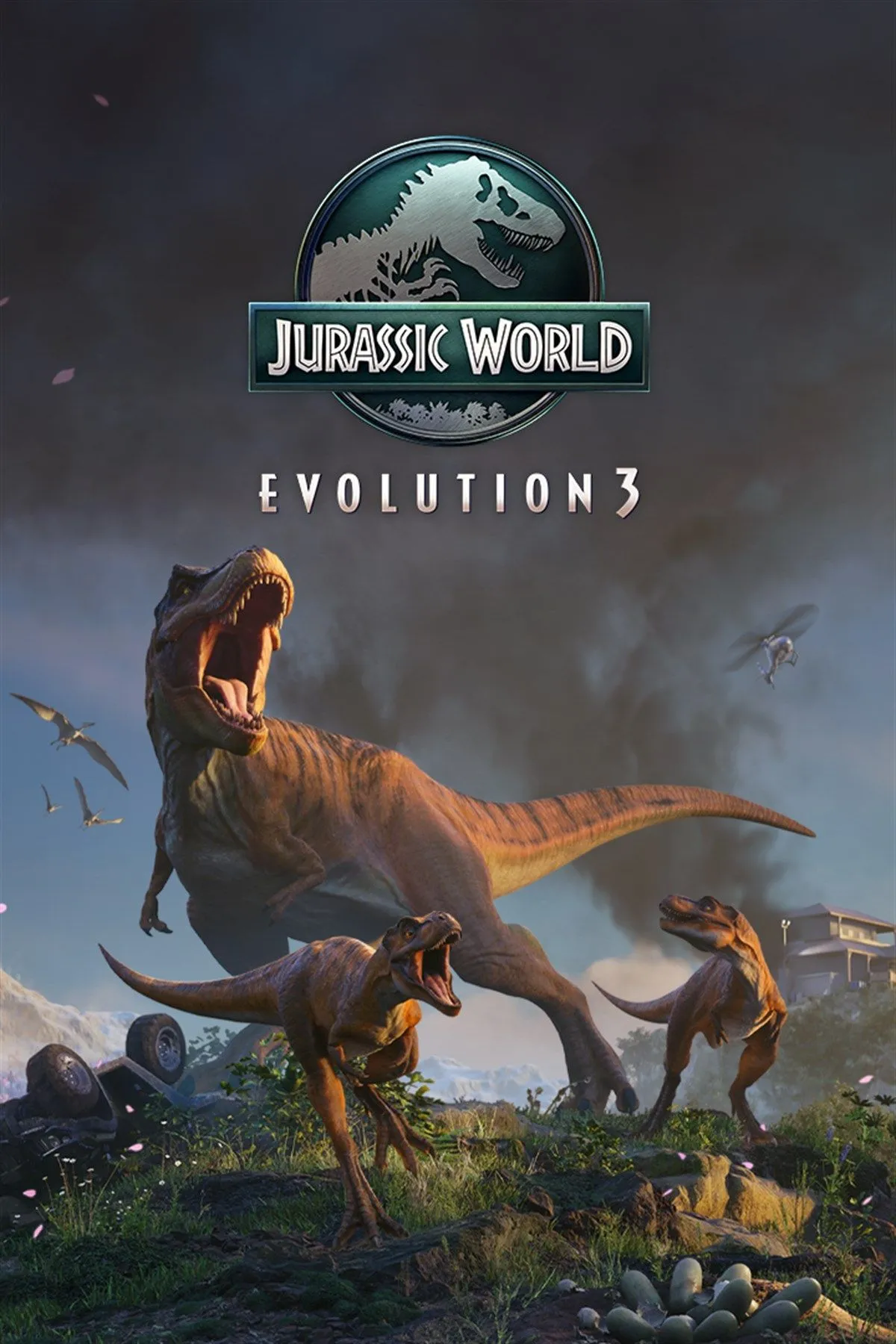 Logo game Jurassic World Evolution 3 với khủng long T-Rex và brachiosaurus hùng vĩ