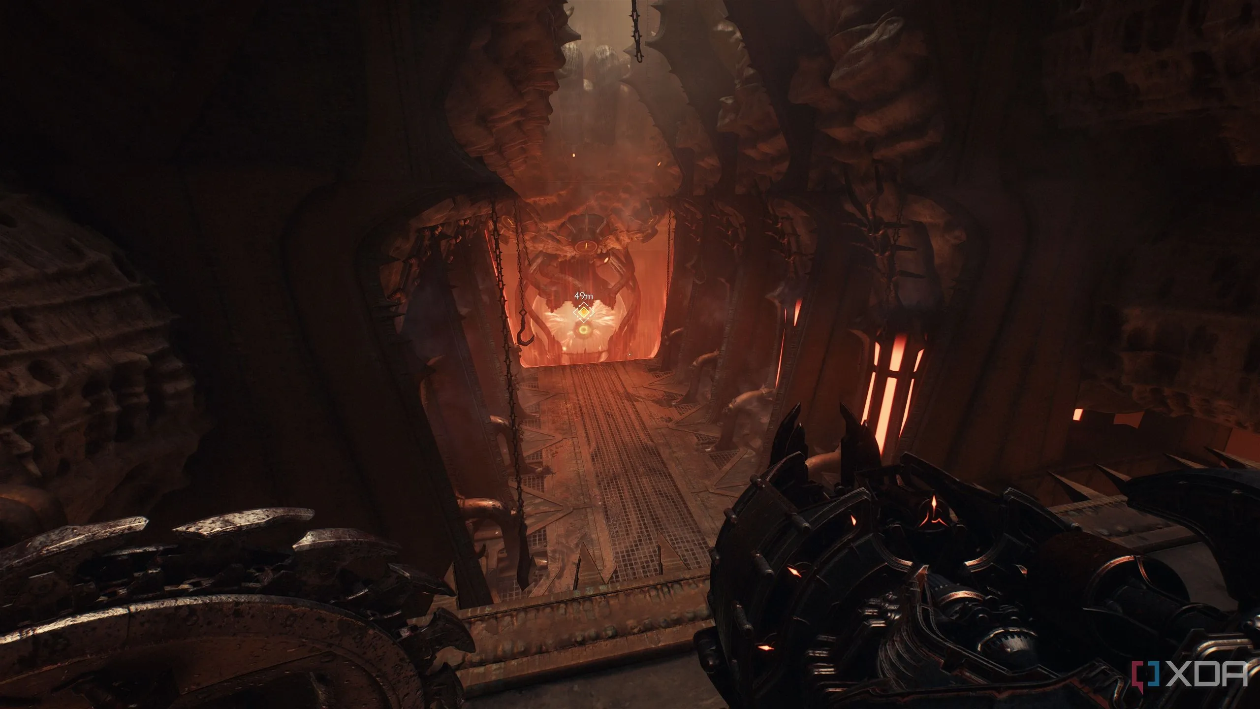 Lối ra của tàu Hell Carrier bị cháy trong game Doom The Dark Ages