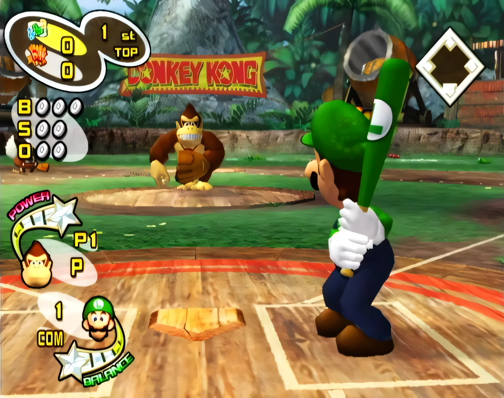 Luigi với tư thế đánh bóng đặc trưng trong Mario Superstar Baseball trên Nintendo GameCube.