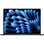 MacBook Air M3 15 inch màu Starlight trên bàn làm việc, thể hiện thiết kế mỏng nhẹ và màn hình lớn.