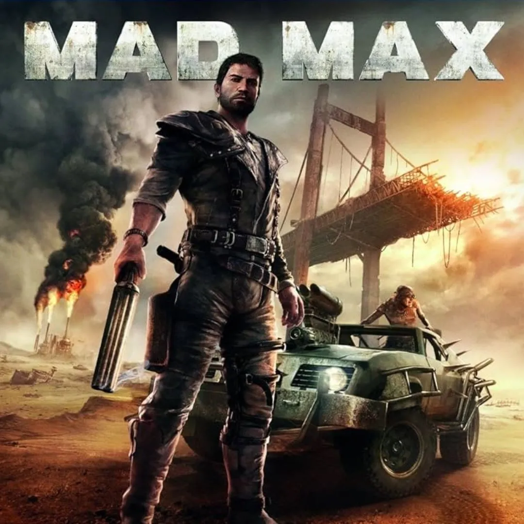 Mad Max cầm vũ khí đối diện với phong cảnh hoang mạc hậu tận thế.
