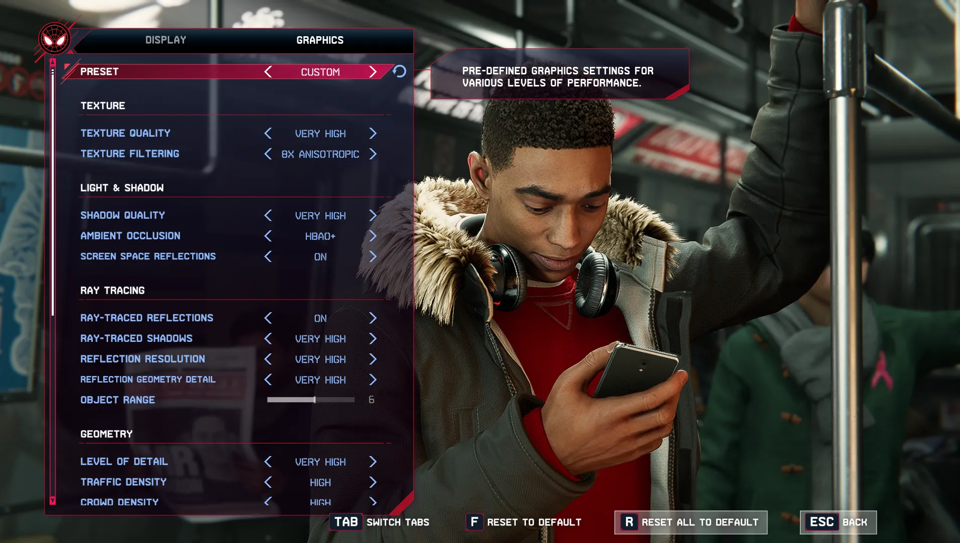 Màn hình cài đặt đồ họa trong game Spider-Man Miles Morales, hiển thị các tùy chọn tinh chỉnh