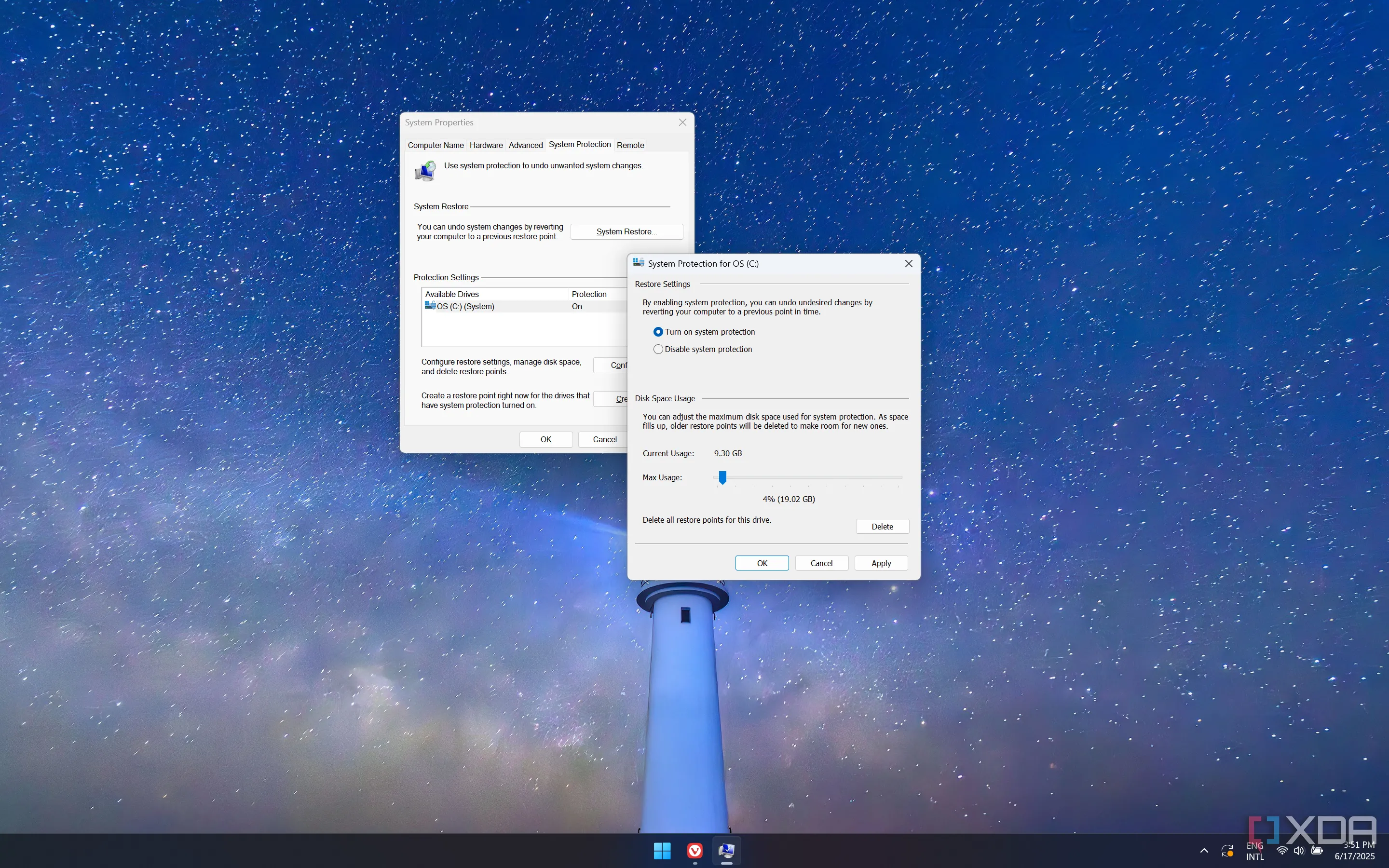 Màn hình cài đặt System Restore trên Windows 11, nơi người dùng có thể tạo điểm khôi phục hệ thống để bảo vệ dữ liệu.