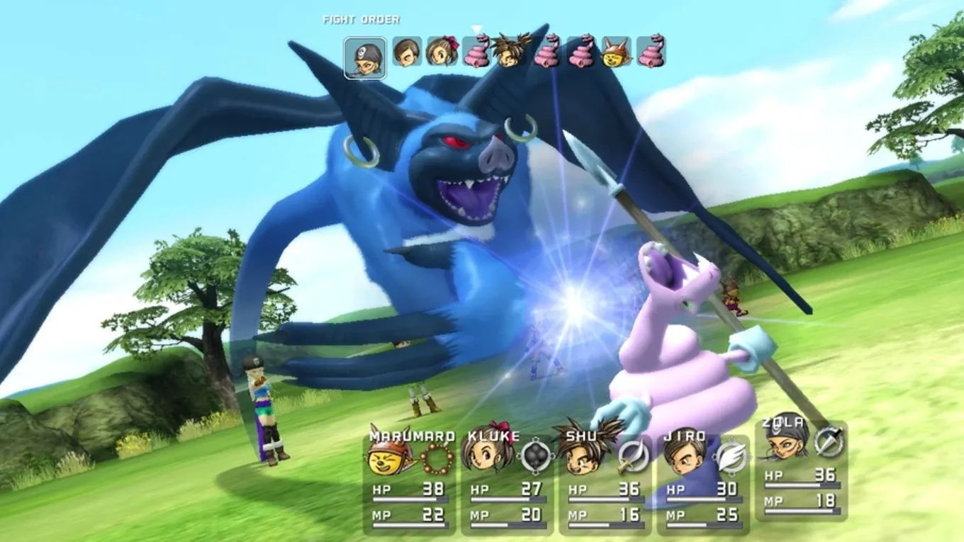 Màn hình chiến đấu của Blue Dragon với nhân vật đang đối đầu một con quái vật khổng lồ, thể hiện phong cách đồ họa đặc trưng.