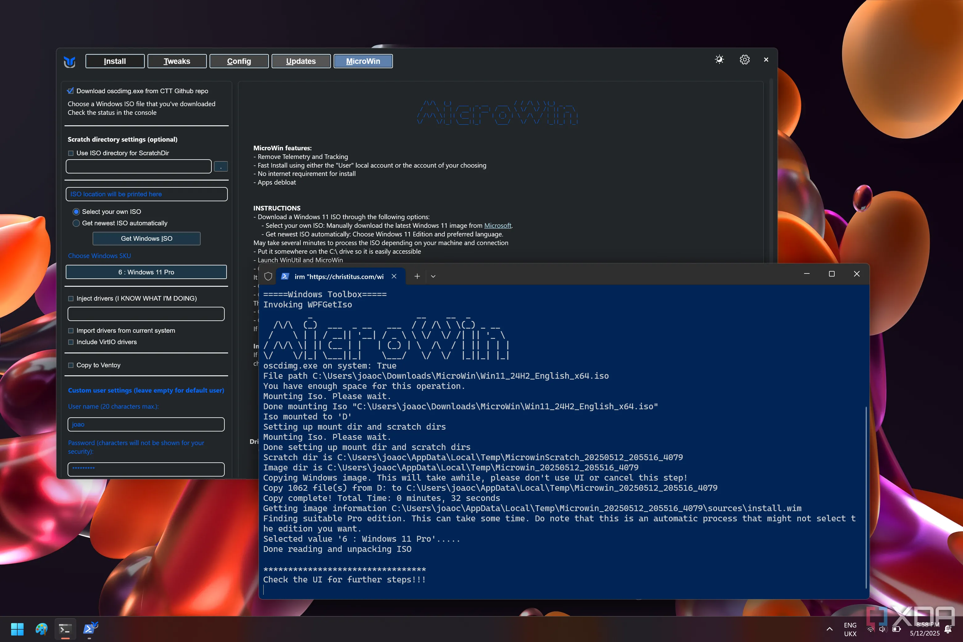 Màn hình công cụ MicroWin trong Chris Titus Tech Windows Utility, giúp tạo ISO Windows 11 sạch và nhẹ hơn.