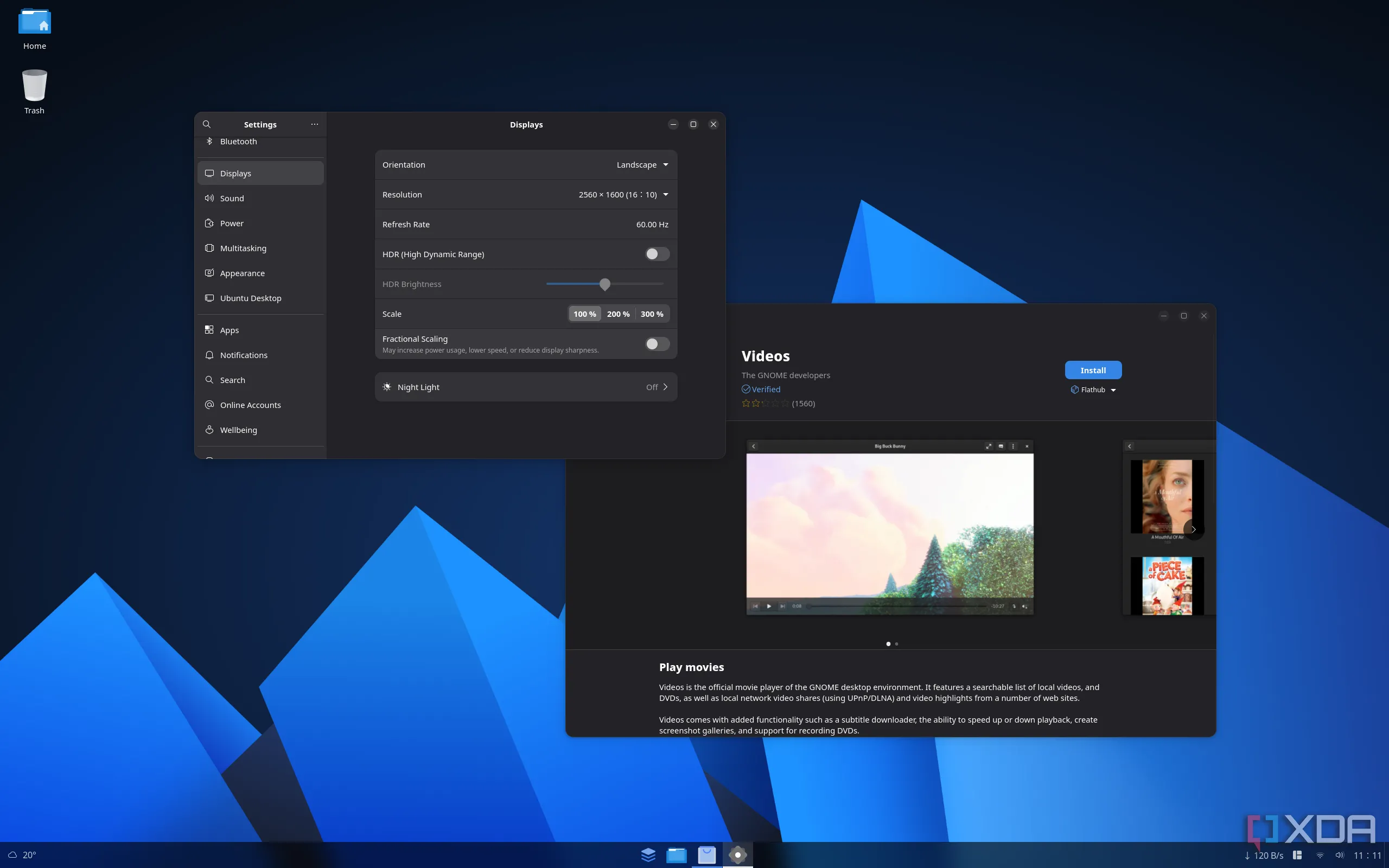 Màn hình desktop AnduinOS hiển thị ứng dụng cài đặt GNOME và Trung tâm phần mềm, minh họa giao diện quen thuộc và khả năng quản lý ứng dụng Flatpak dễ dàng.