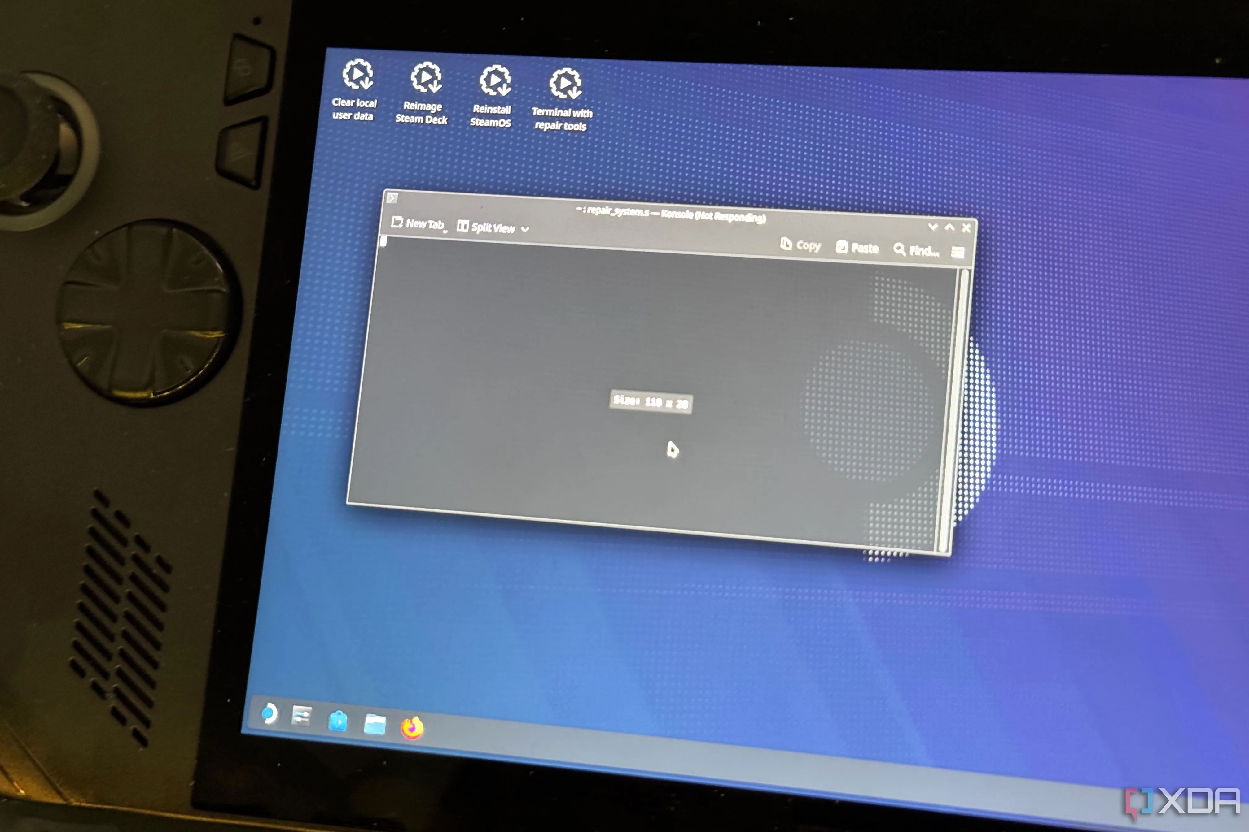 Màn hình desktop SteamOS hiển thị quá trình cài đặt hệ điều hành trên ROG Ally X từ USB Live