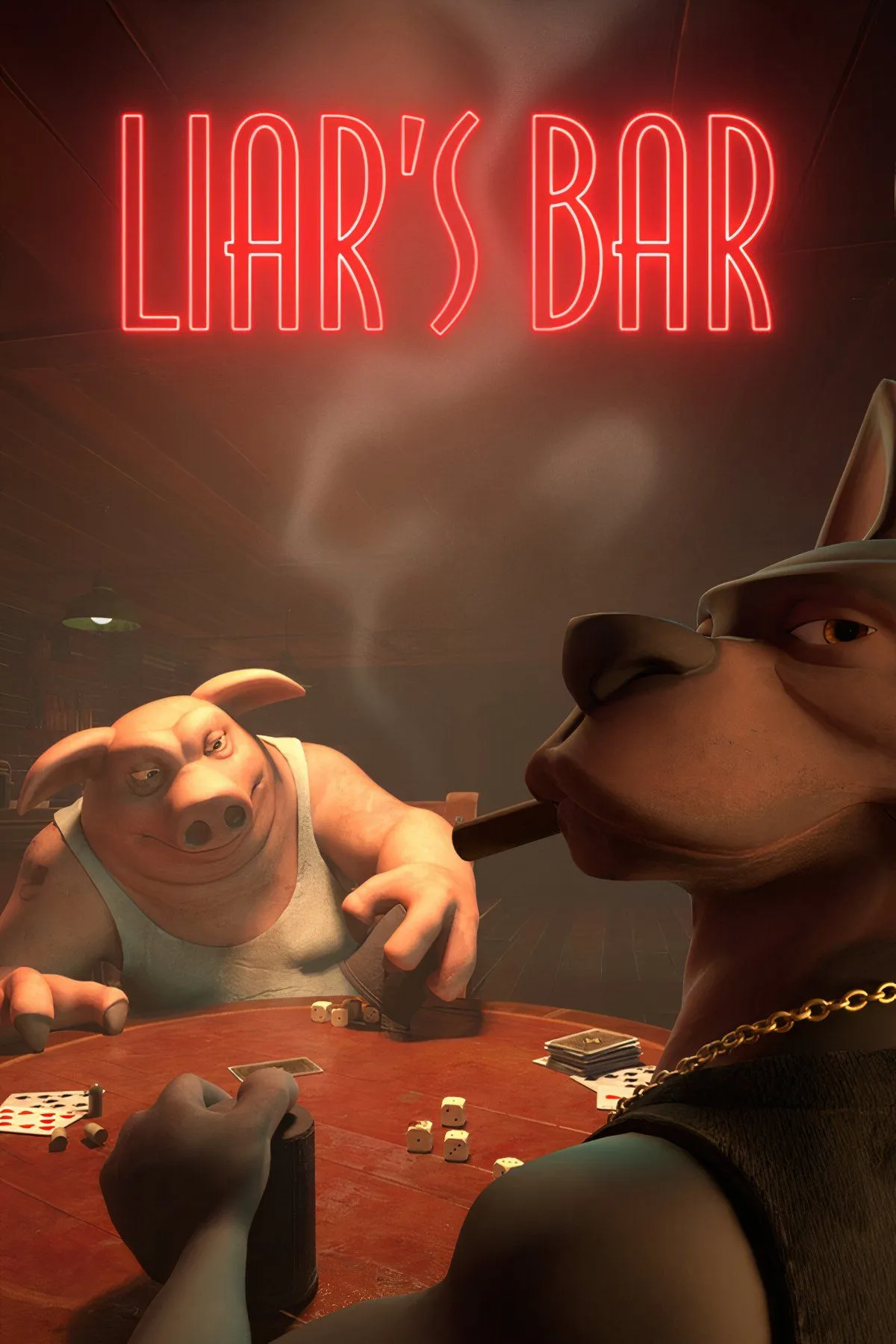 Màn hình game Liar's Bar với các nhân vật đang chơi bài trong một quán bar, thể hiện không khí game lừa dối và chiến thuật