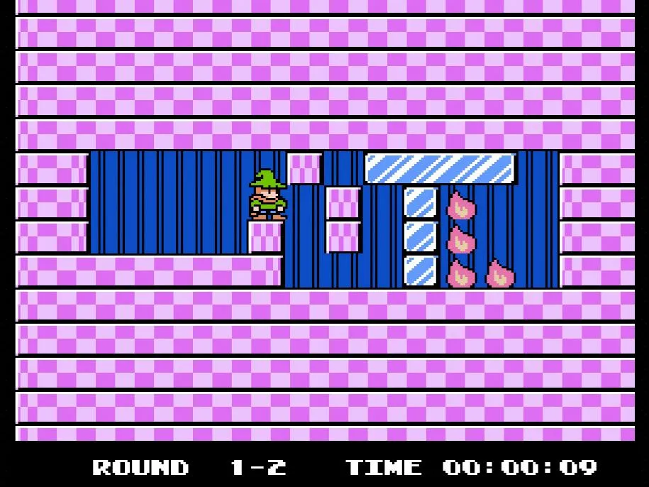 Màn hình giải đố của game Fire 'n Ice trên NES với các khối băng và lửa cần được dập tắt