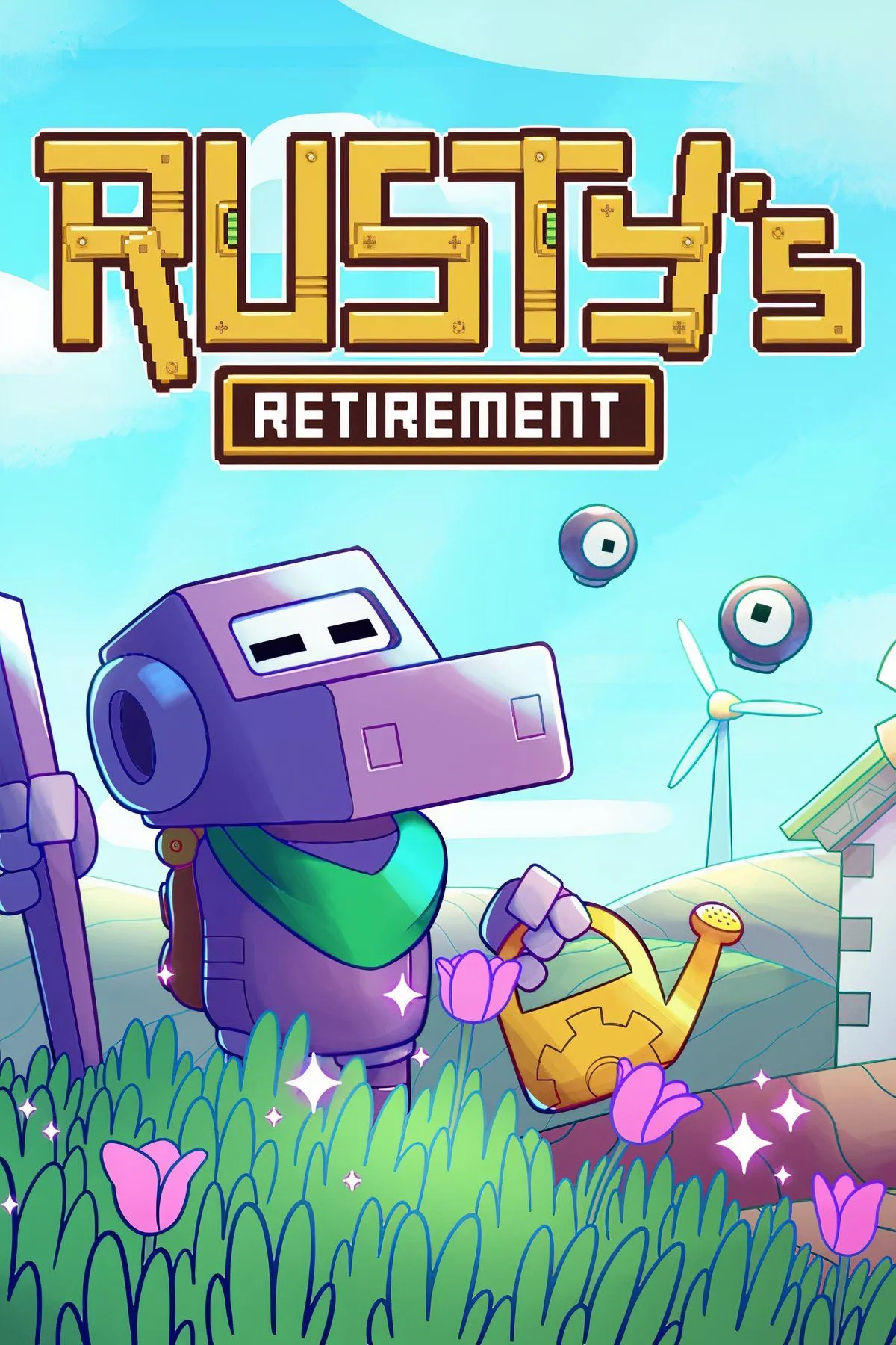 Màn hình làm việc với game Rusty's Retirement chạy overlay, hiển thị nông trại và các robot thu hoạch tự động.