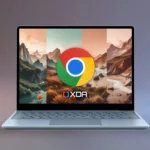 Màn hình laptop hiển thị giao diện trình duyệt Google Chrome với các chủ đề AI, cùng logo Google Chrome, đại diện cho những cải tiến và tình trạng hiện tại của trình duyệt.