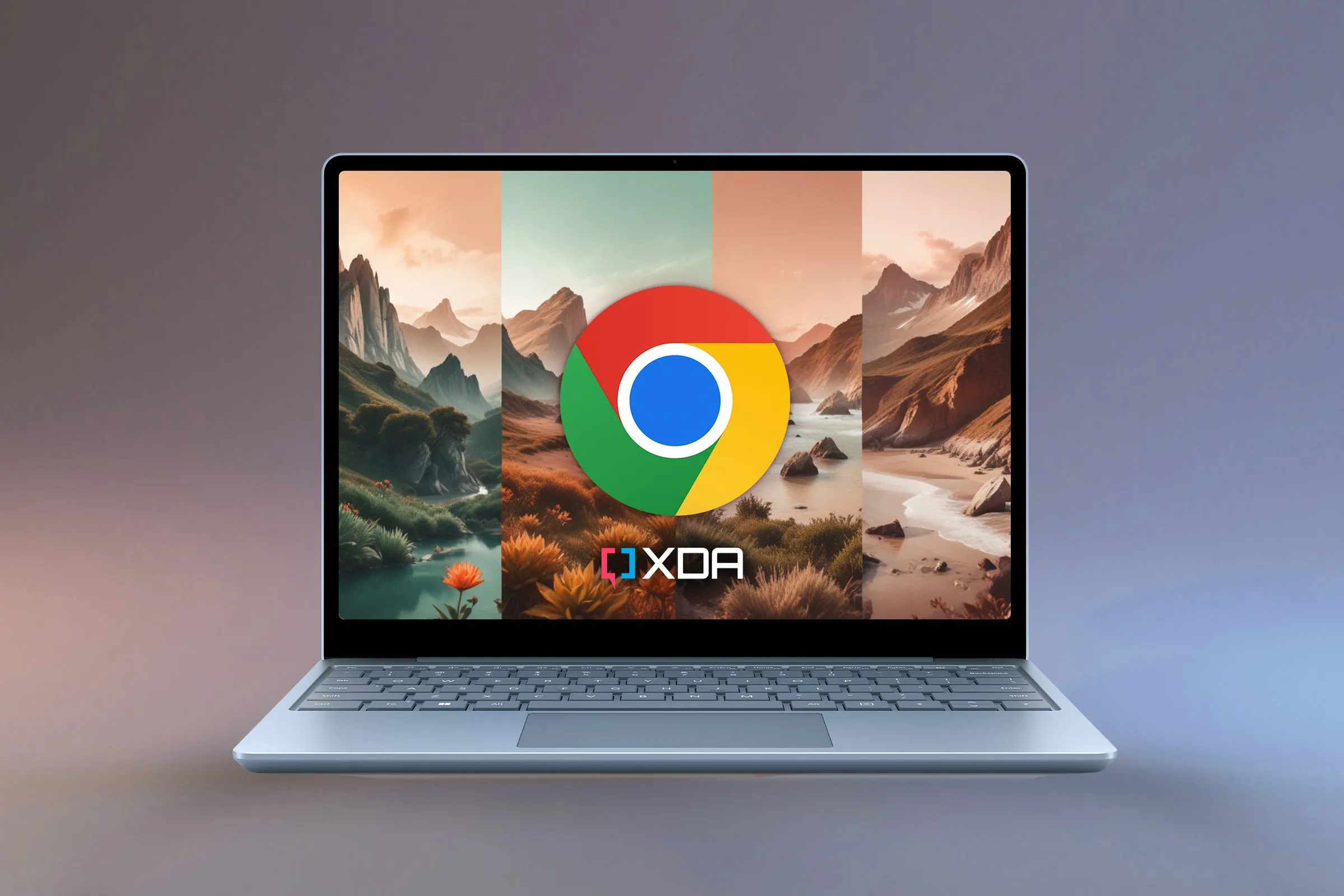 Màn hình laptop hiển thị giao diện trình duyệt Google Chrome với các chủ đề AI, cùng logo Google Chrome, đại diện cho những cải tiến và tình trạng hiện tại của trình duyệt.