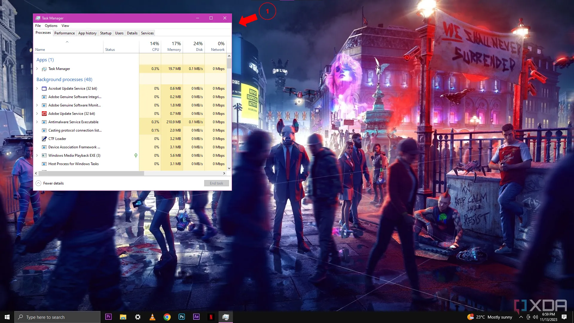 Màn hình máy tính Windows 10 với Trình quản lý Tác vụ (Task Manager) đang mở tab &quot;Processes&quot;, minh họa cách tắt các tiến trình không cần thiết để giải phóng tài nguyên cho game.