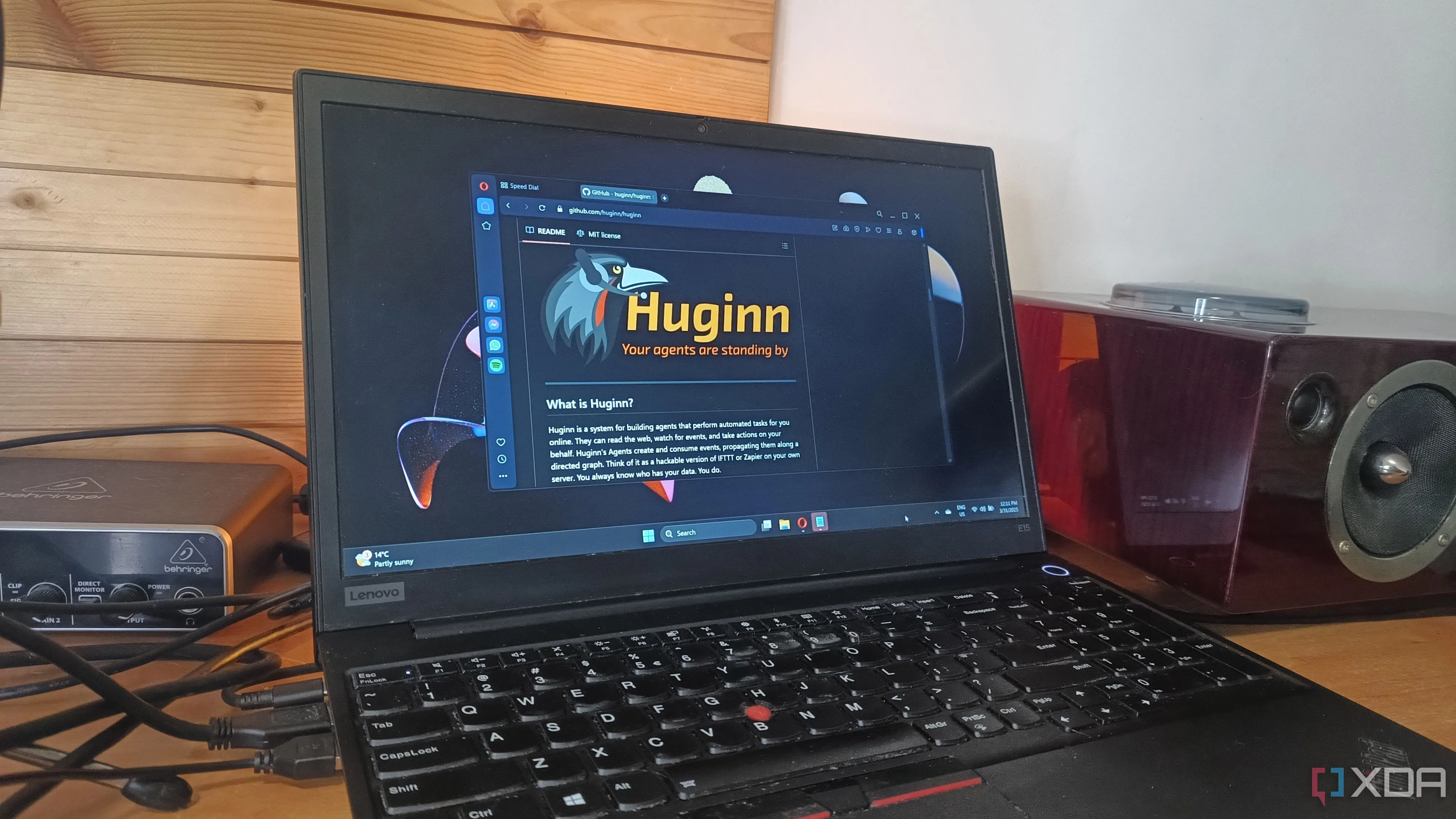 Màn hình máy tính xách tay hiển thị trang GitHub của Huginn, minh họa ứng dụng yêu cầu kỹ năng lập trình để cấu hình hoặc tạo tự động hóa.