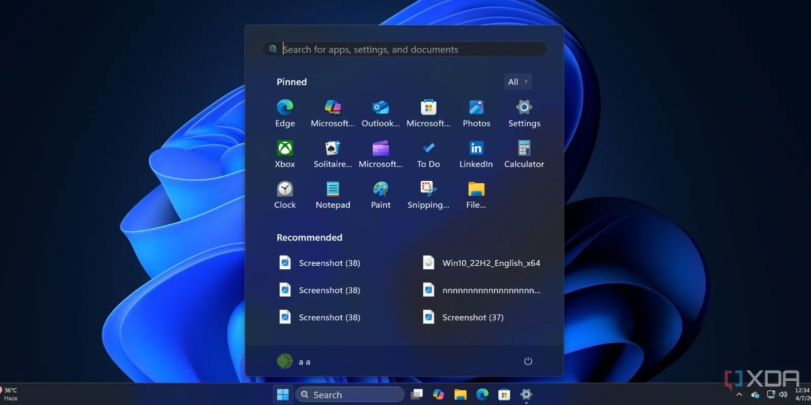 Màn hình menu Start của Windows 11 hiển thị các ứng dụng cài sẵn và gợi ý từ Microsoft