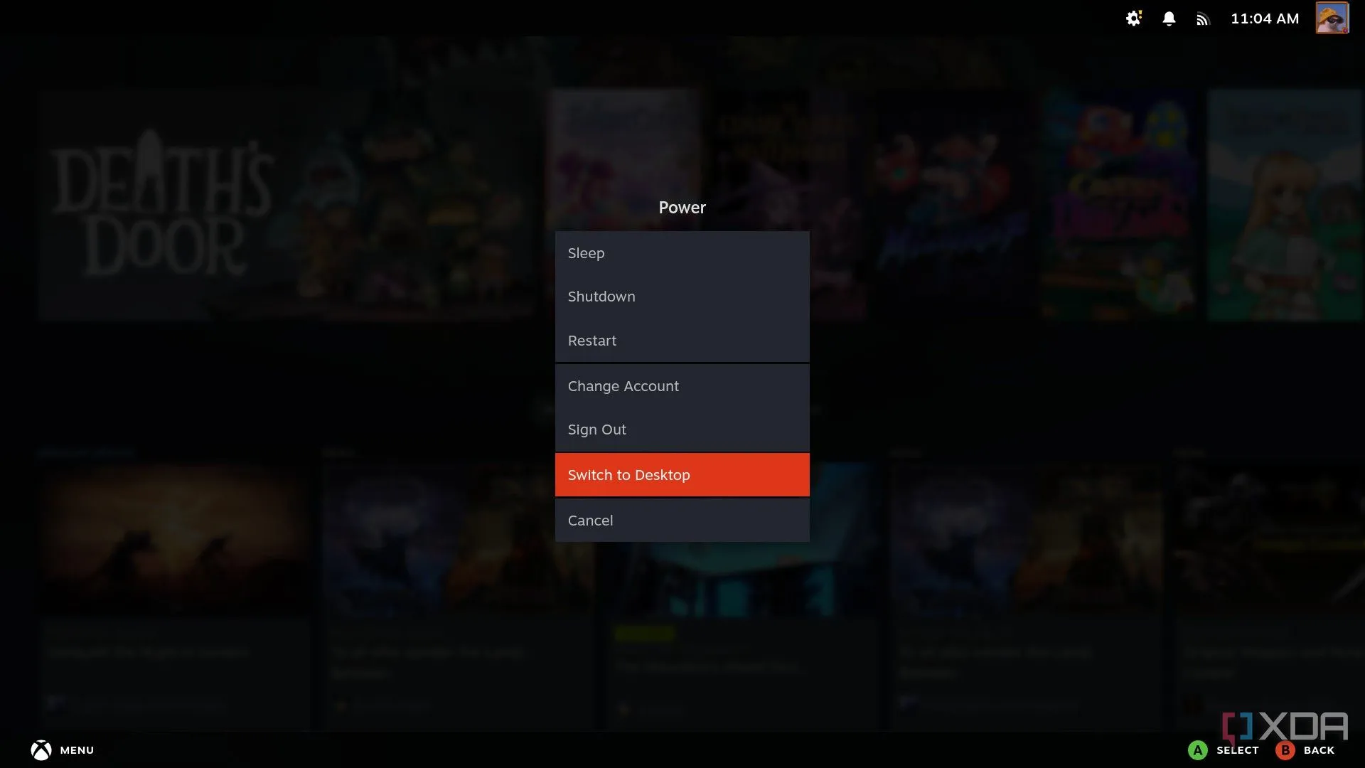 Màn hình Steam Deck hiển thị menu &quot;Power&quot; với tùy chọn &quot;Switch to Desktop&quot; để chuyển sang chế độ máy tính