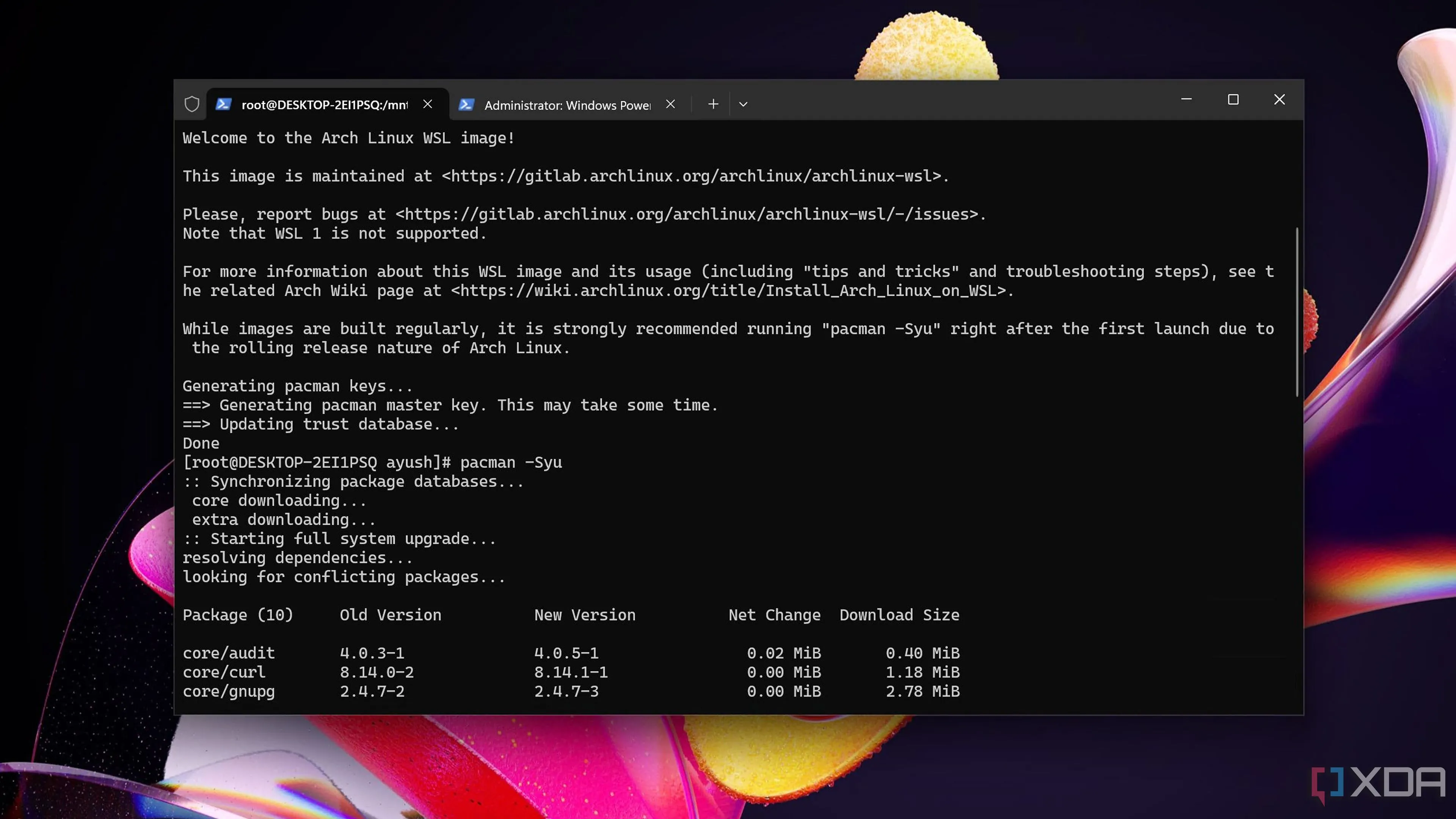 Màn hình terminal hiển thị Arch Linux hoạt động trên Windows Subsystem for Linux.