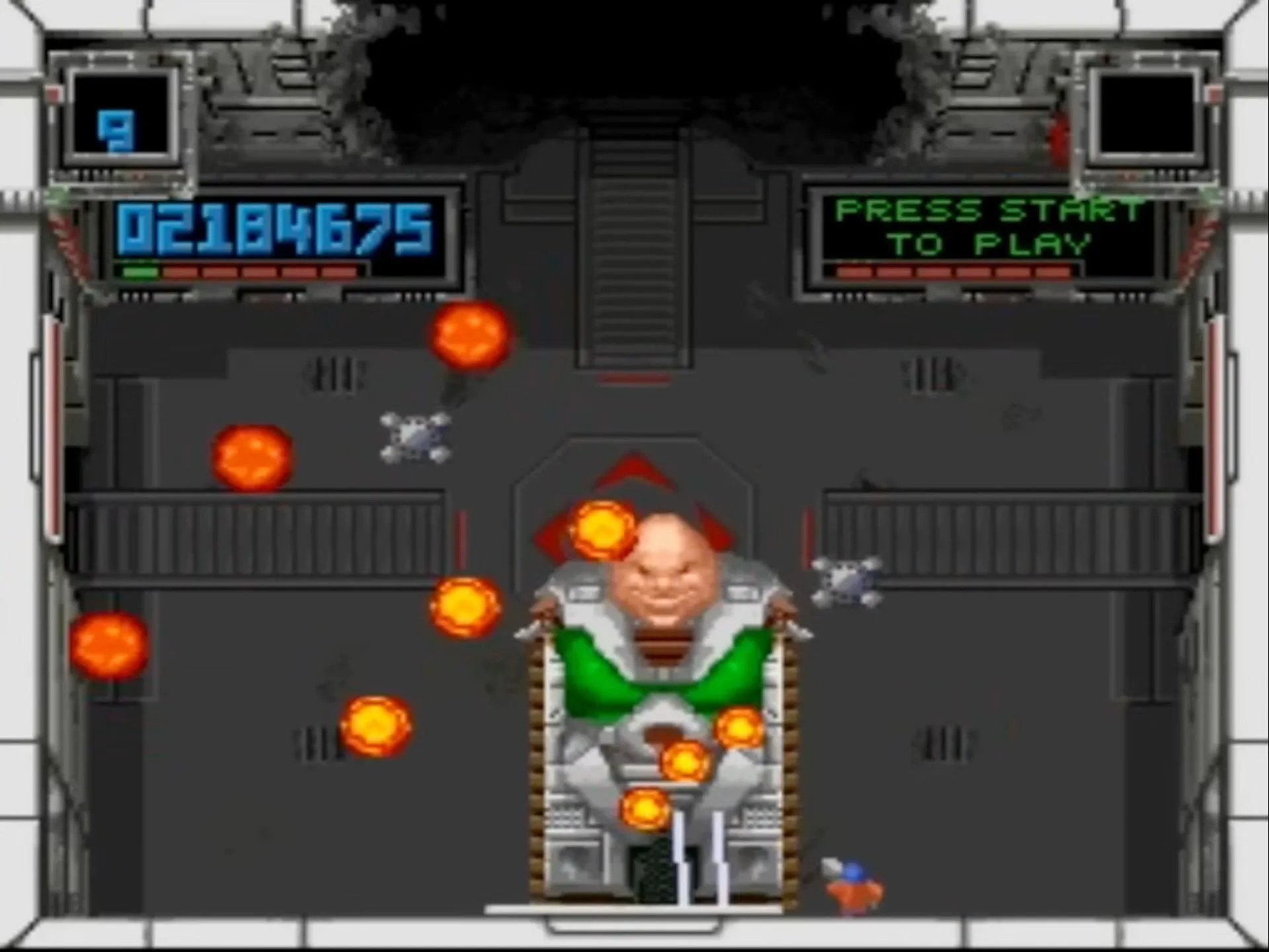 Màn hình trò chơi Super Smash TV trên SNES với lối chơi bắn súng góc nhìn từ trên xuống