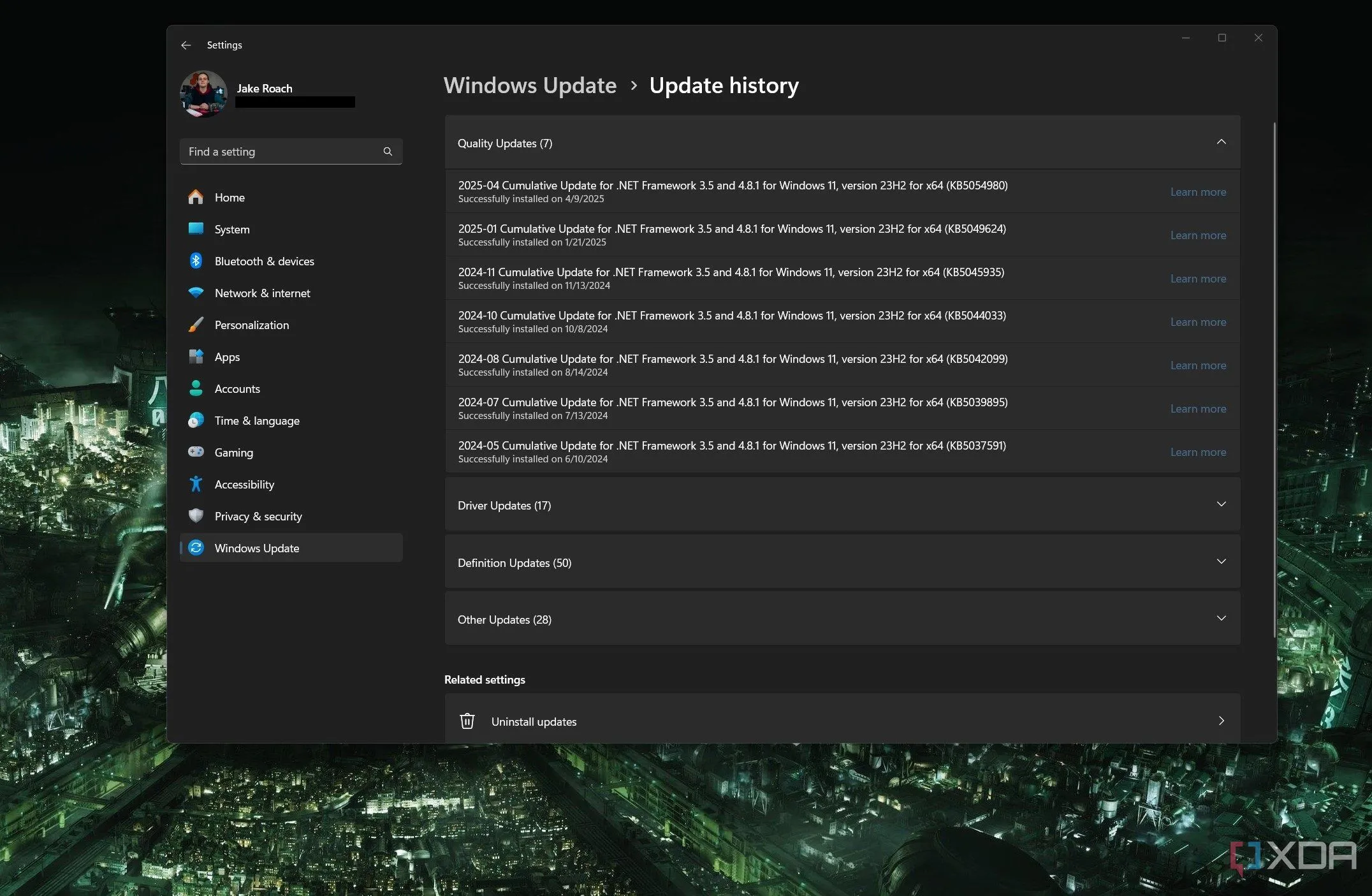 Màn hình Tùy chọn cập nhật trong Windows 11, nơi người dùng có thể gỡ bỏ hoặc quản lý các bản cập nhật Windows đã cài đặt.