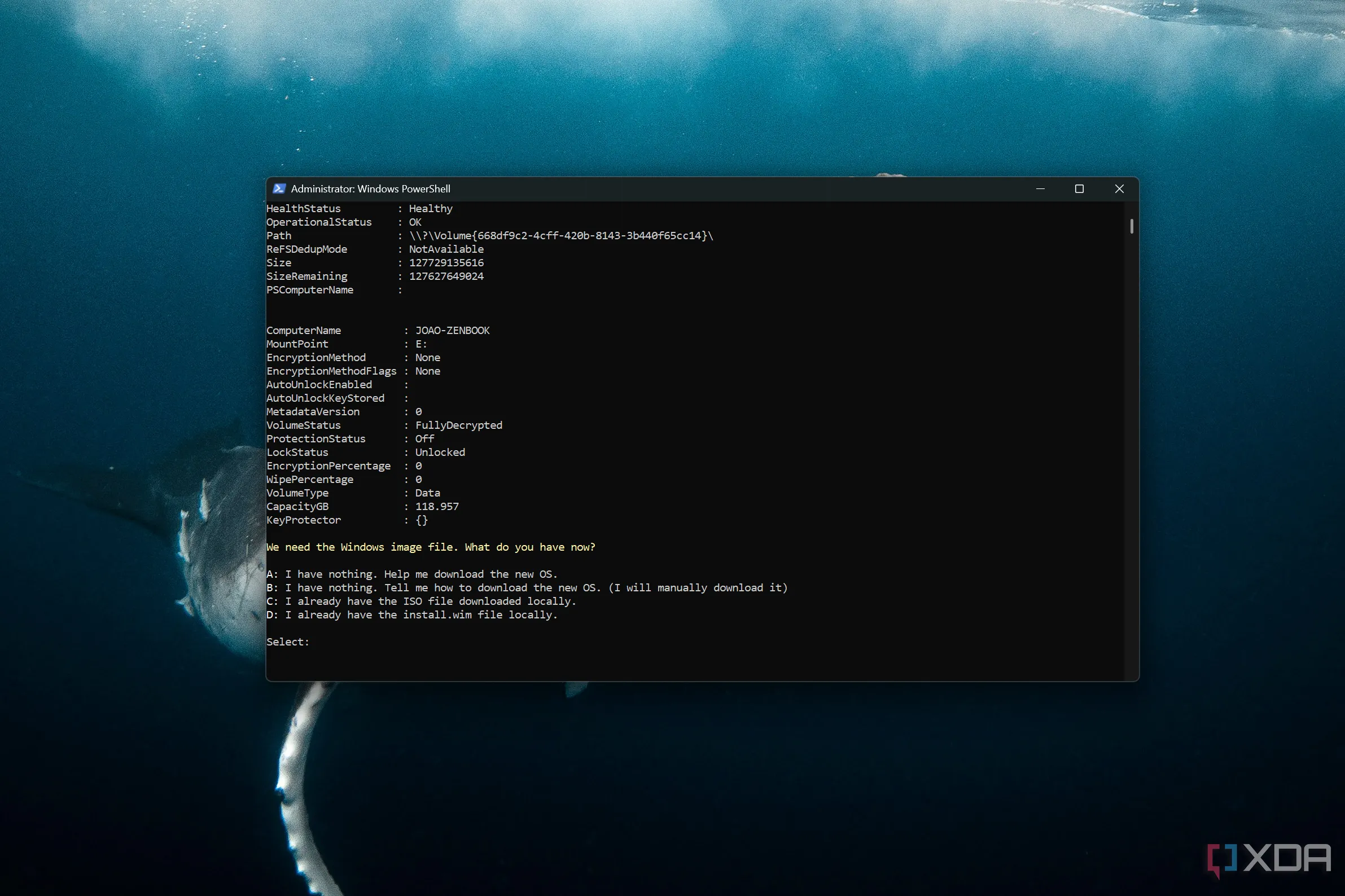 Màn hình Windows Terminal hiển thị lệnh PowerShell để tái thiết lập cài đặt Windows 11 mới trên ổ đĩa riêng.