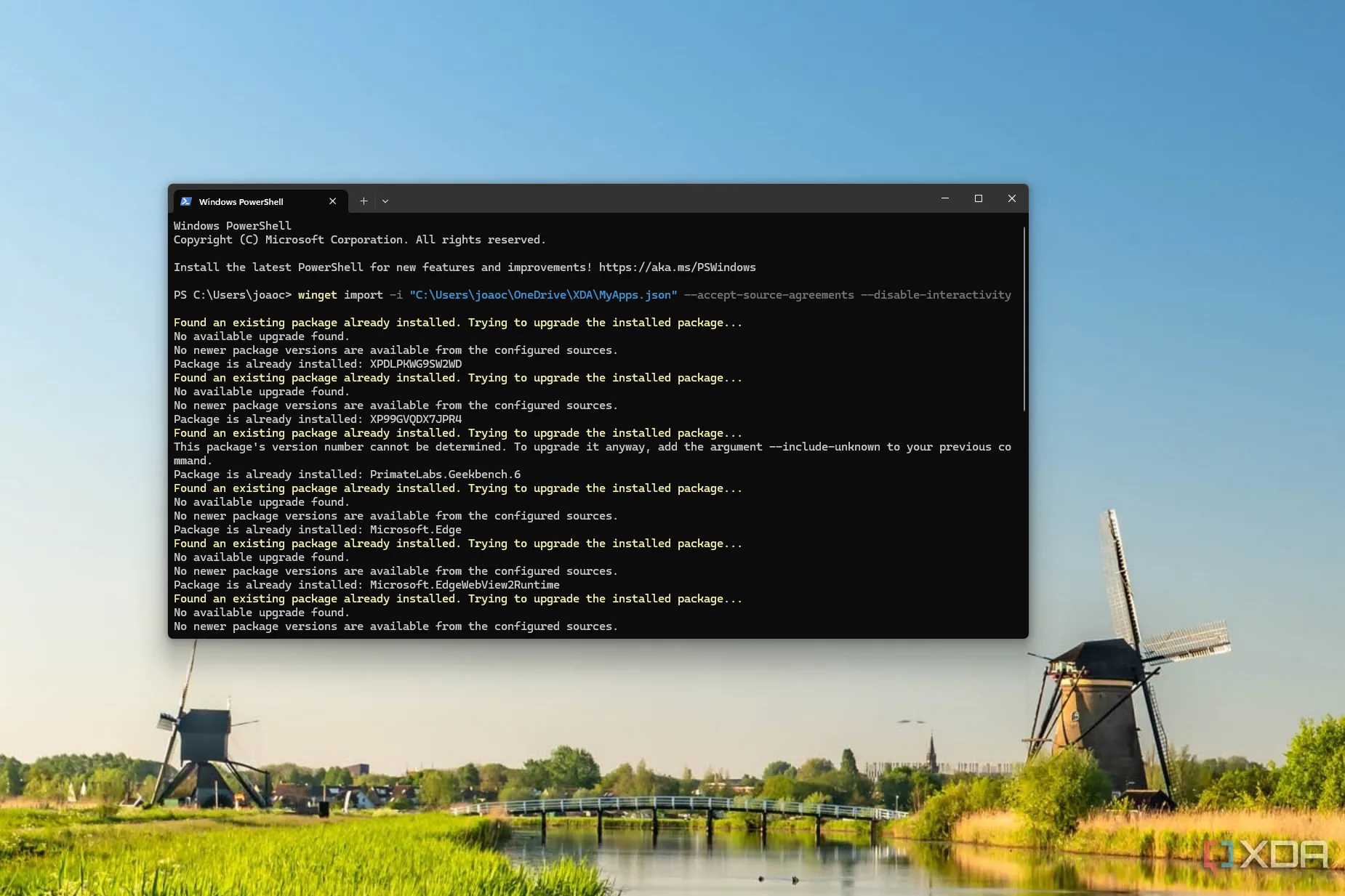 Màn hình Windows Terminal hiển thị quá trình cài đặt ứng dụng hàng loạt bằng Winget từ một file sao lưu