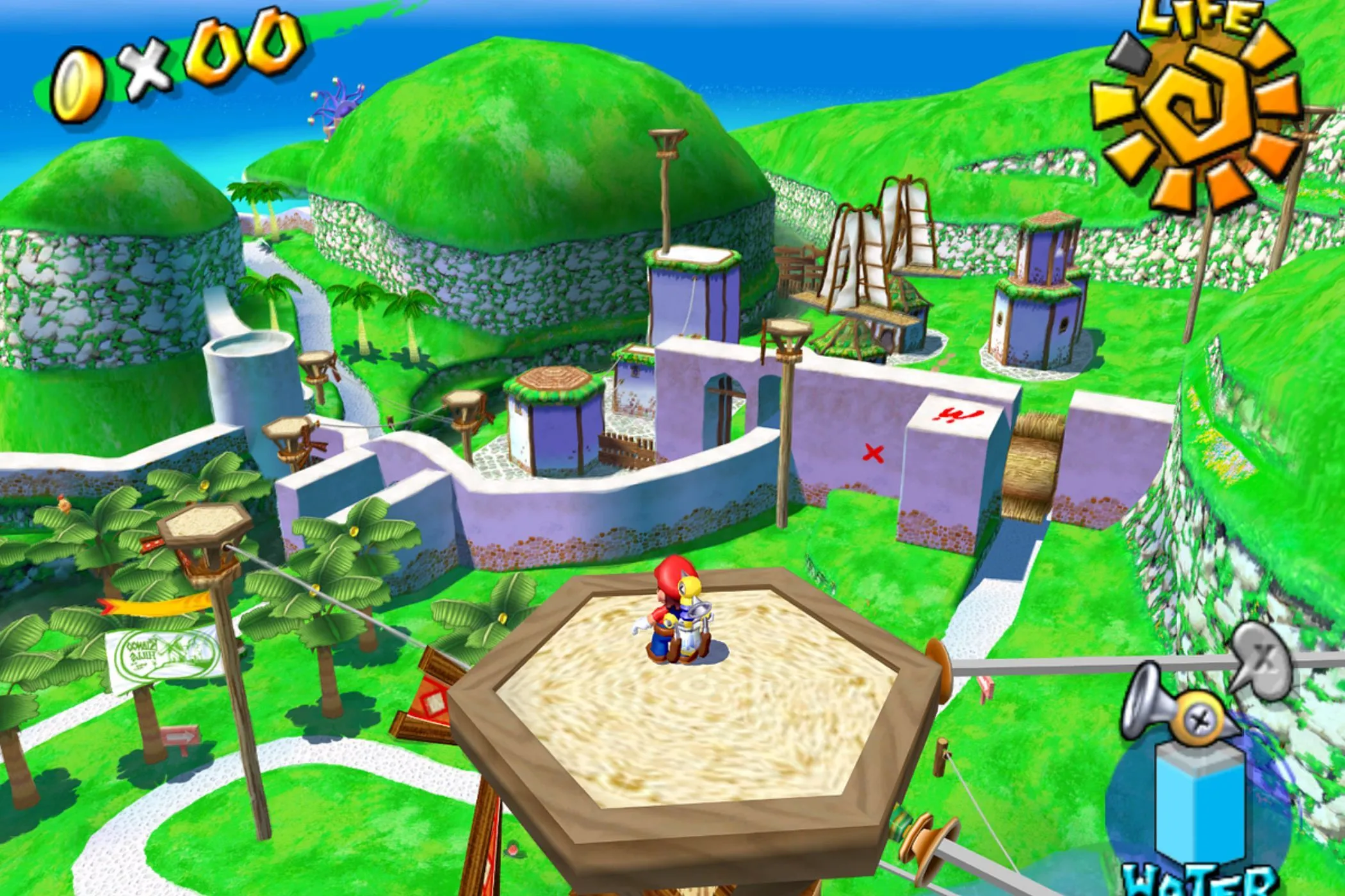 Mario đang đứng trên tòa tháp cao với thiết bị FLUDD trên lưng, nhìn ra quang cảnh Isle Delfino đầy nắng trong game Super Mario Sunshine.