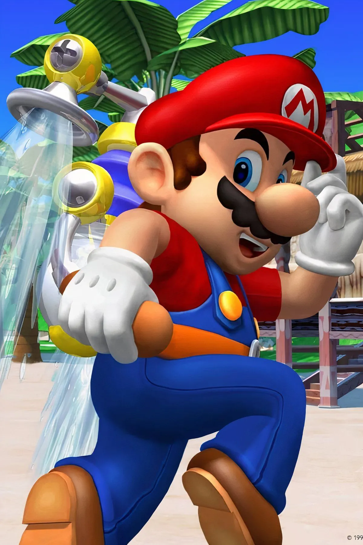 Mario sử dụng FLUDD trong Super Mario Sunshine, một tựa game platformer 3D trên GameCube.