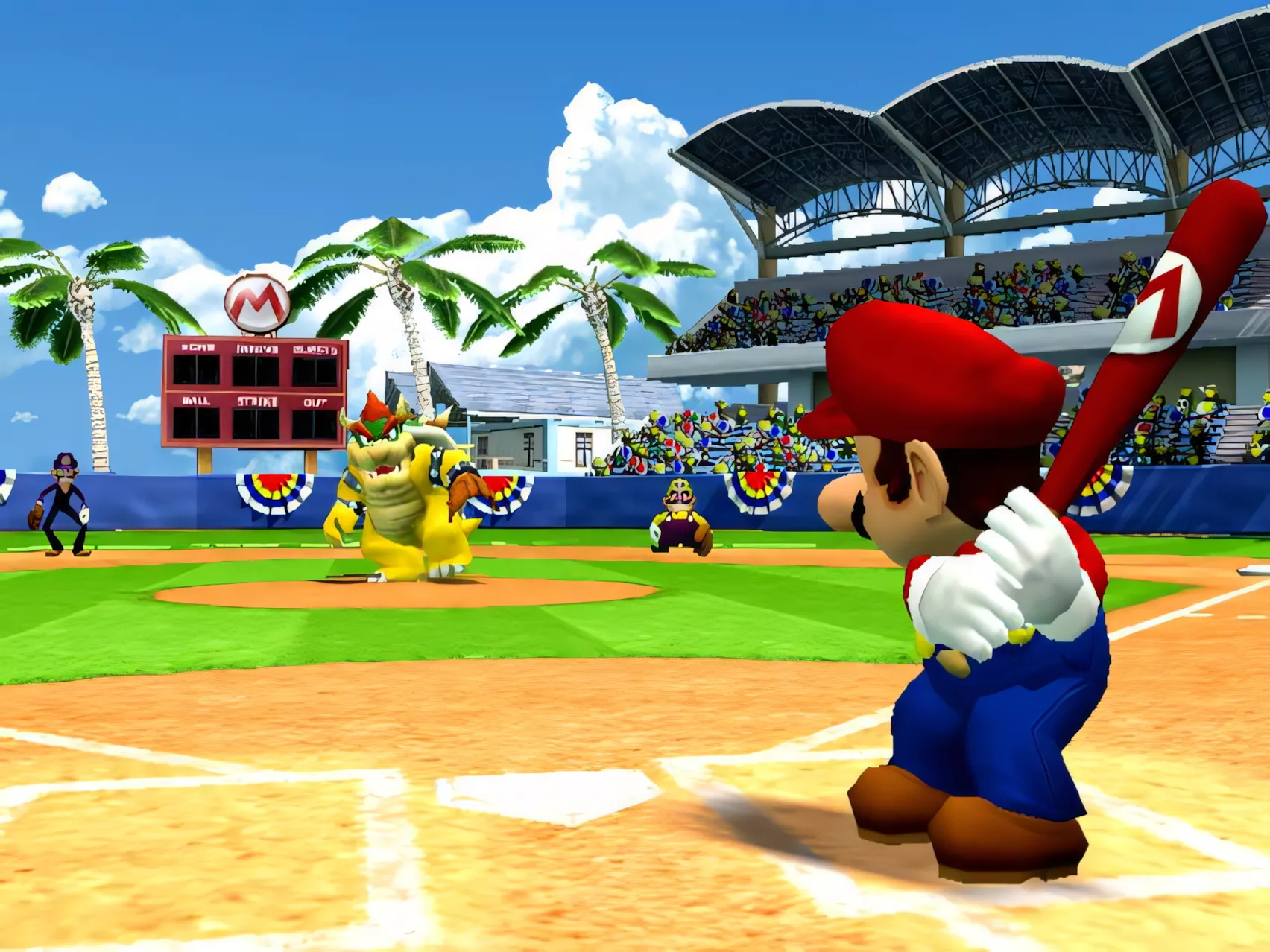 Mario vung gậy đánh bóng trong Mario Superstar Baseball, tựa game thể thao GameCube.
