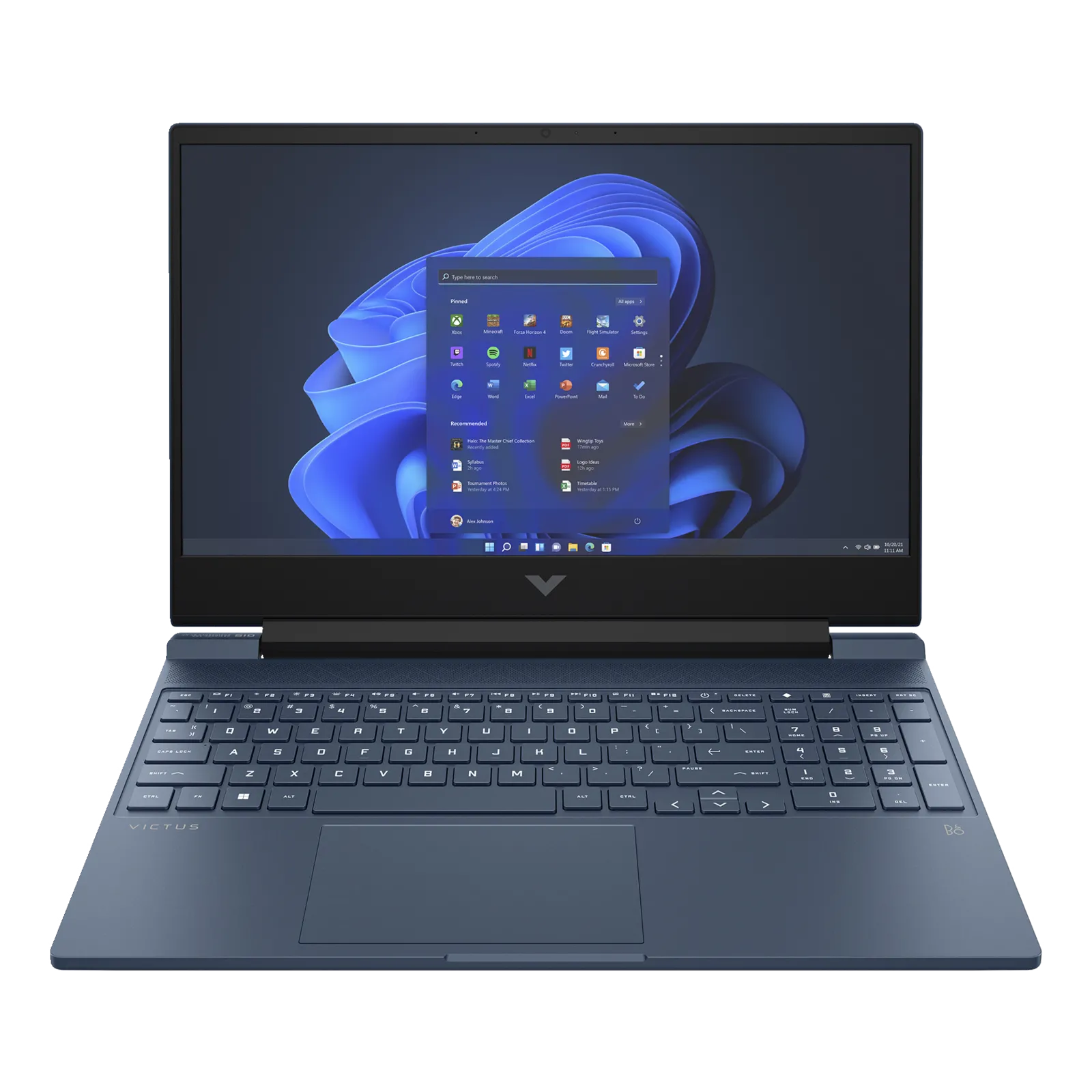 Mặt trước của laptop HP Victus 15 phiên bản 2023, một lựa chọn tuyệt vời cho game thủ và người sáng tạo nội dung.