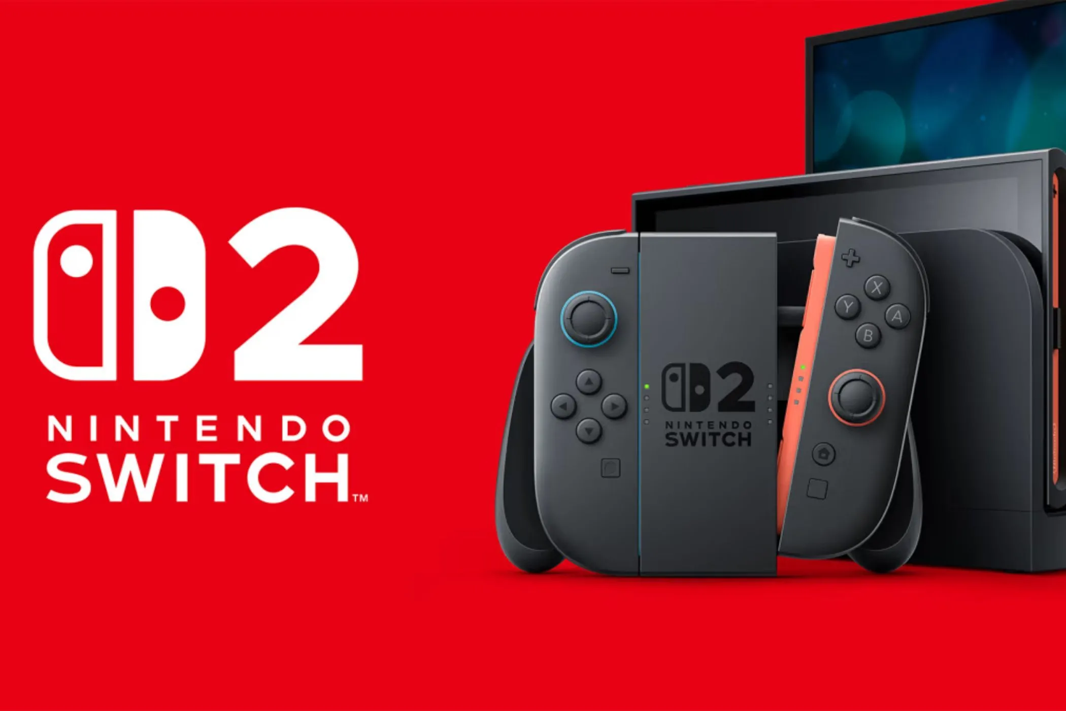 Máy chơi game Nintendo Switch 2 màu xám đặt cạnh logo Nintendo, minh họa thiết kế của console