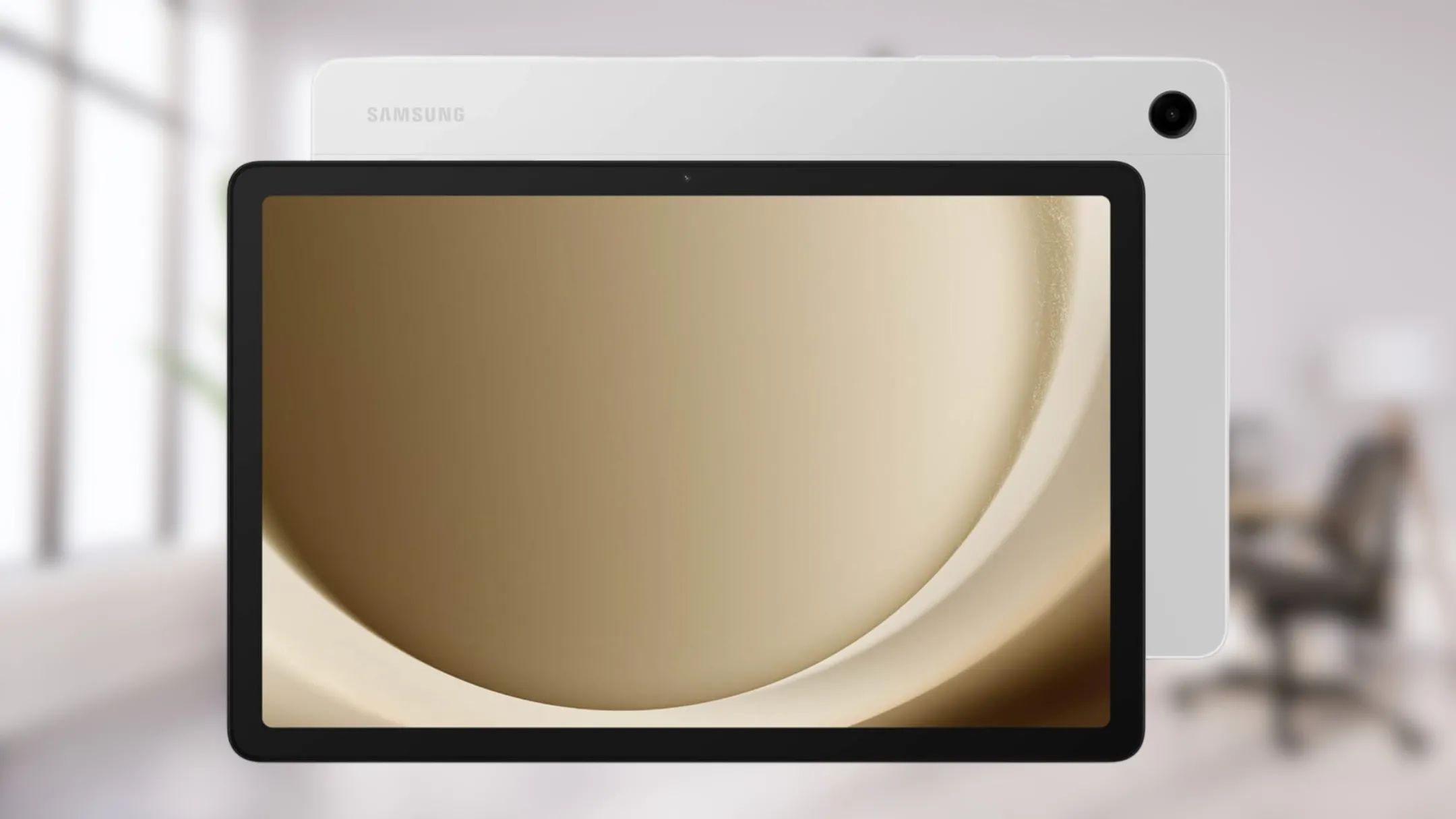 Máy tính bảng Samsung Galaxy Tab A9+ màu xám đặt trên bàn, màn hình hiển thị sống động, lý tưởng cho giải trí.