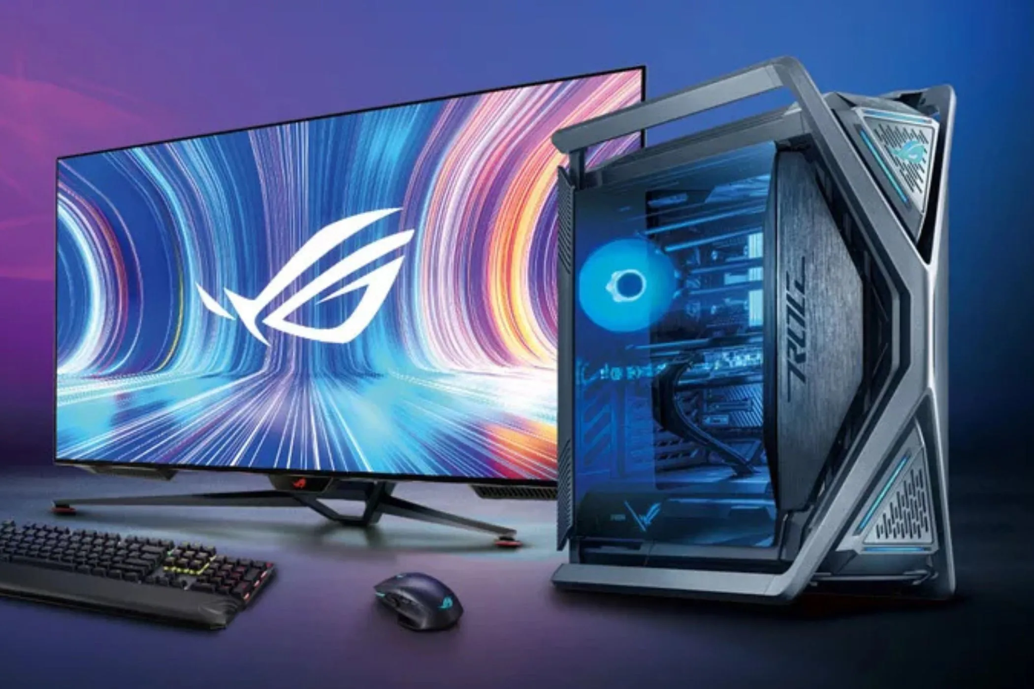 Máy tính chơi game PC setup chuyên nghiệp với màn hình và bàn phím, thể hiện chi phí đầu tư cao