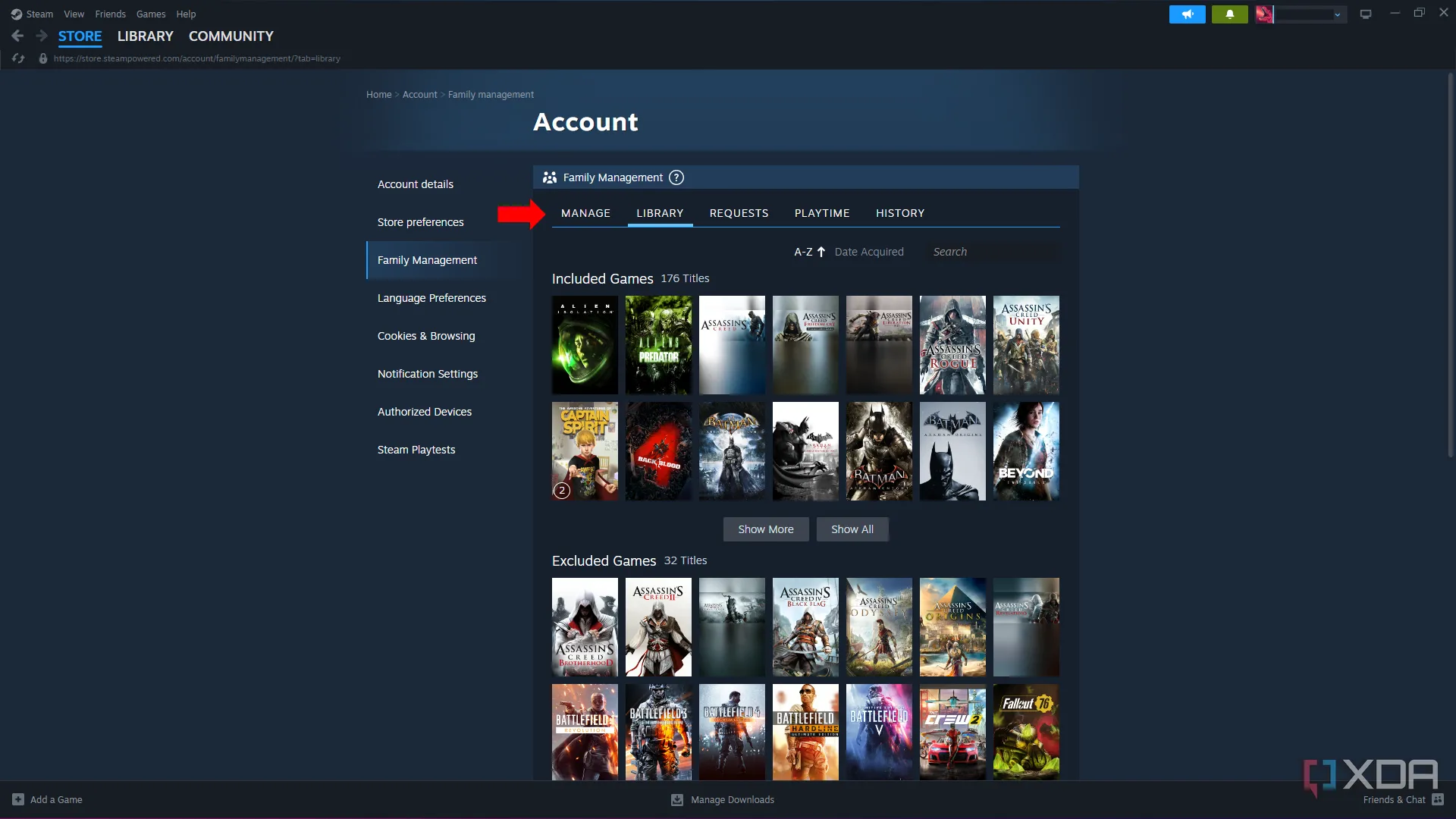 Menu chia sẻ gia đình trong cài đặt Steam Family Management