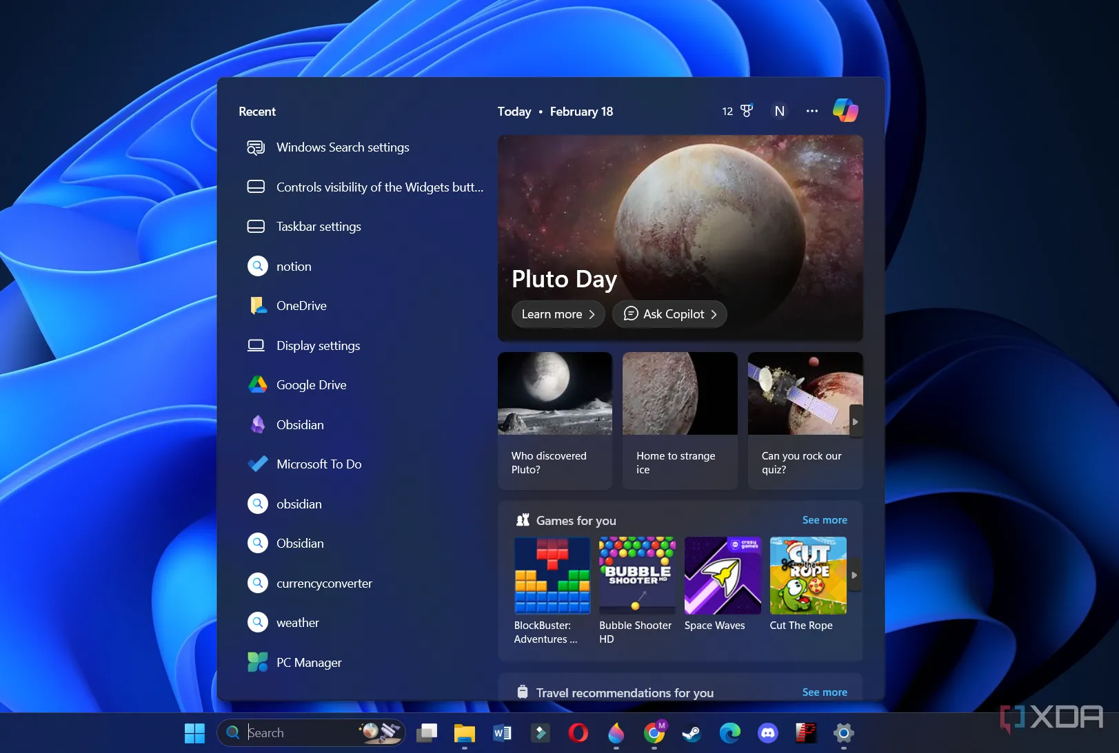 Menu tìm kiếm Windows 11 hiển thị nút Copilot