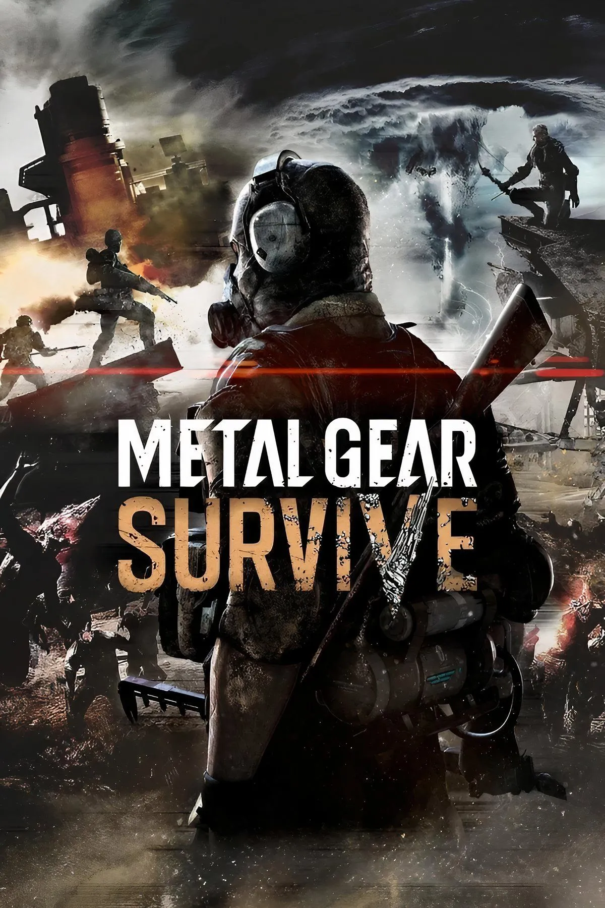 Metal Gear Survive hiển thị nhân vật chính đang đứng giữa một cảnh quan hoang tàn, u ám, bị bao vây bởi những sinh vật dị dạng giống zombie