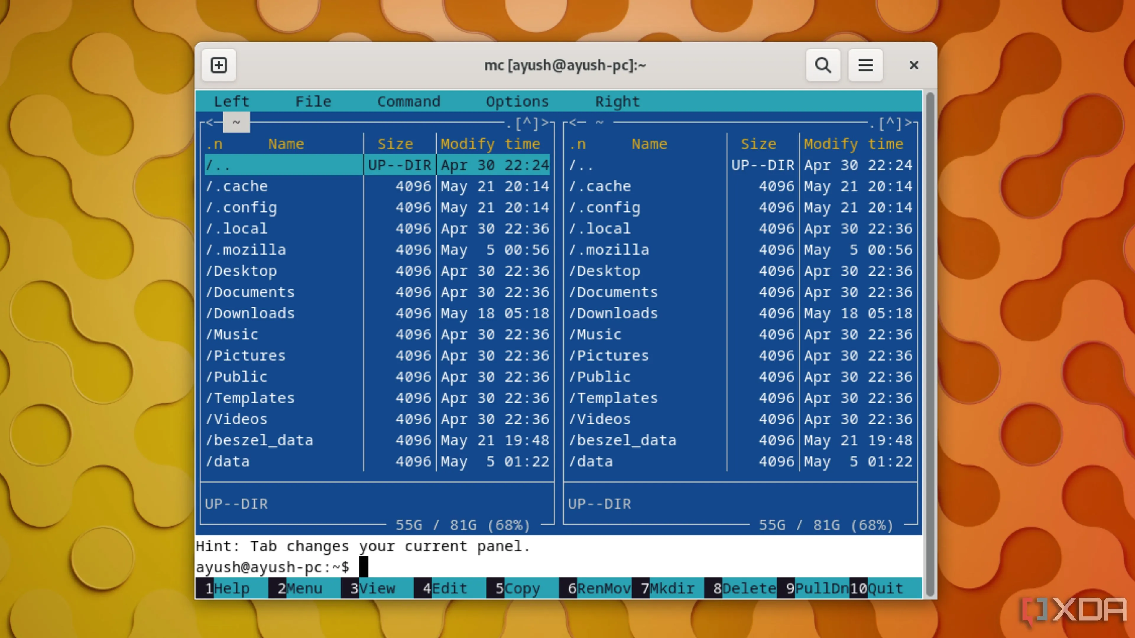 Midnight Commander chạy trong môi trường Linux
