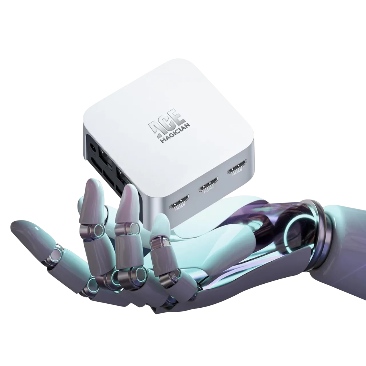 Mini PC ACEMAGICIAN màu đen nổi bật trên nền trắng, thể hiện thiết kế nhỏ gọn và hiện đại của một máy tính để bàn thu nhỏ.