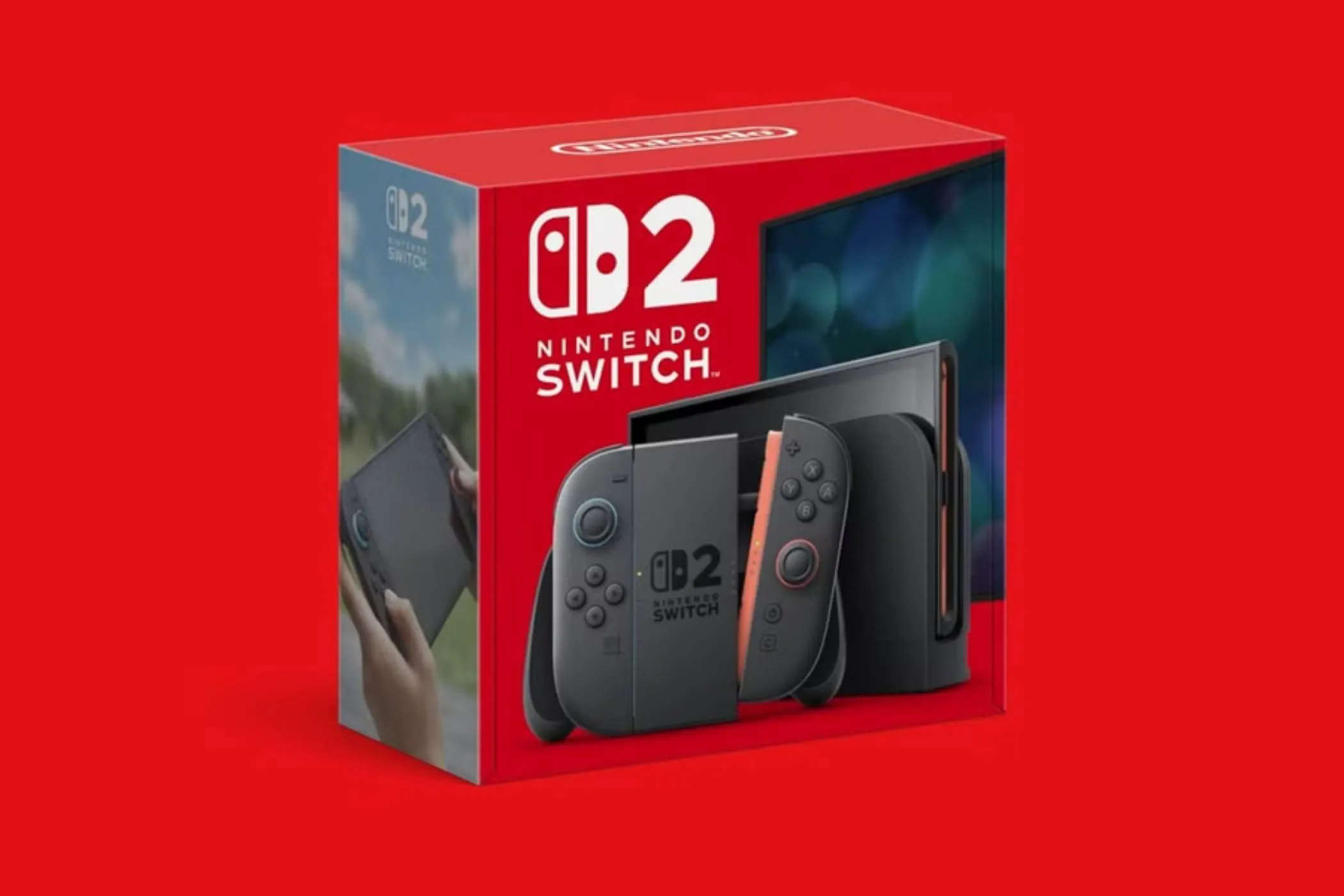 Mô hình hệ thống Nintendo Switch 2 trong hộp, nhấn mạnh sự khác biệt về kích thước so với thế hệ trước.